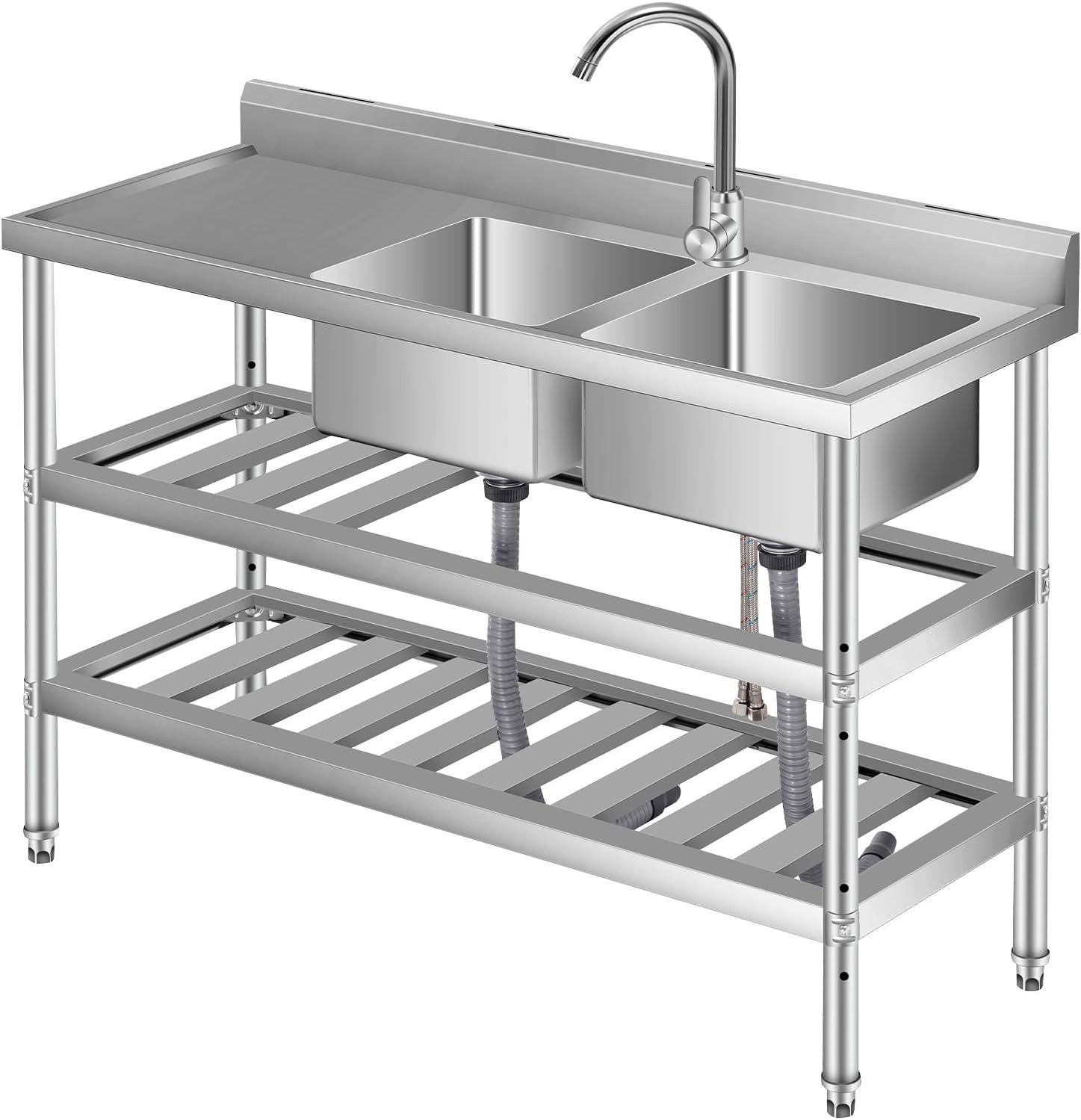 GarveeMore Küchenspüle Edelstahl Spültisch,Freistehende Küchenspüle 2 Becken, Gewerbliche Spülbecken Mit Wasserhahn Kalt Und Warmwasserschläuchen