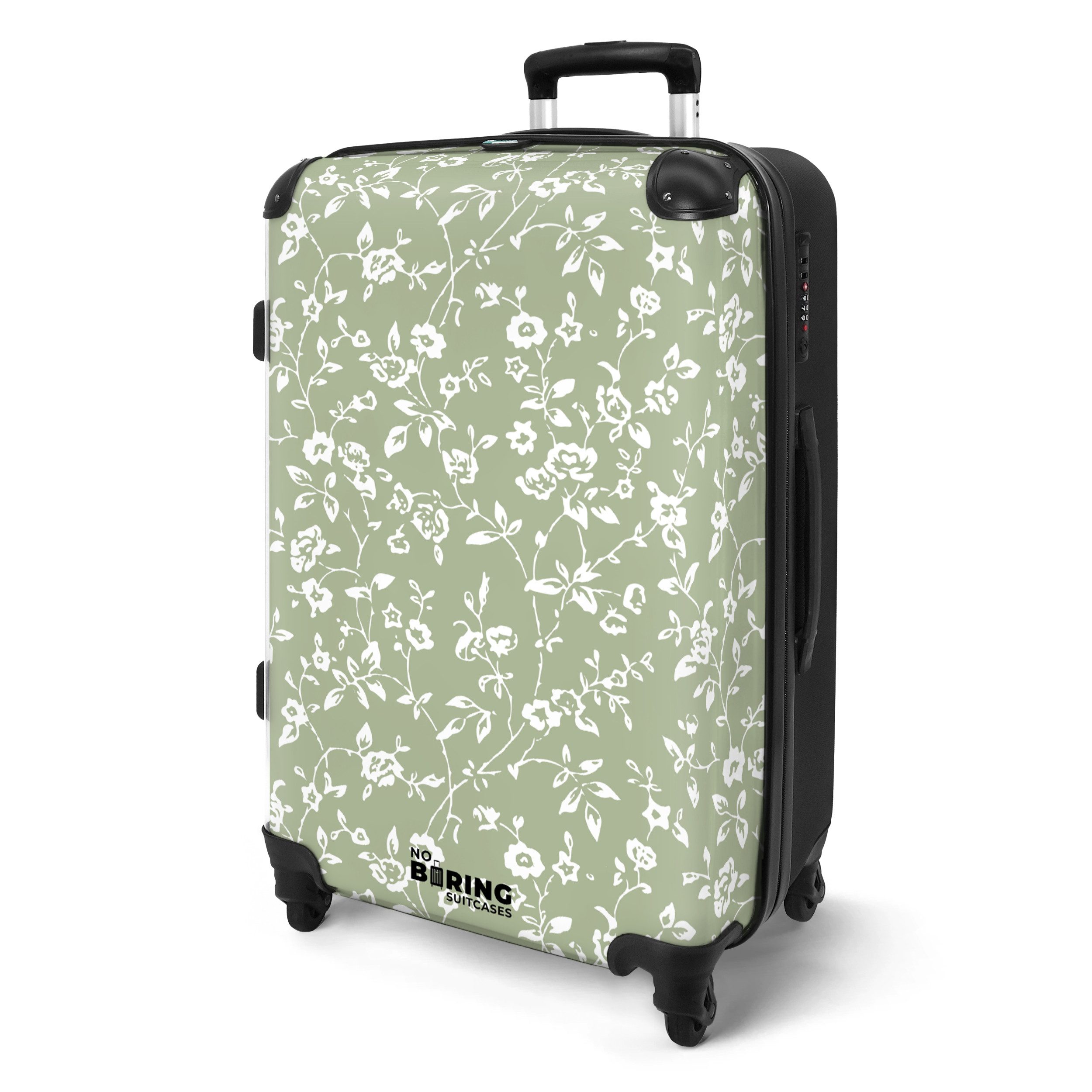 NoBoringSuitcases.com© Hartschalen-Trolley Hellgrün mit weißen Blüten günstig online kaufen