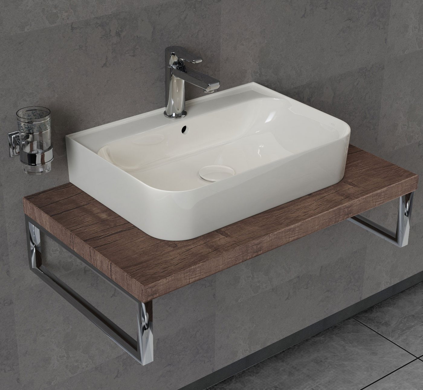 Thumbnail - Aqua Bagno Aufsatzwaschbecken 70 cm weiß glänzend eckig wandhängend Waschbecken