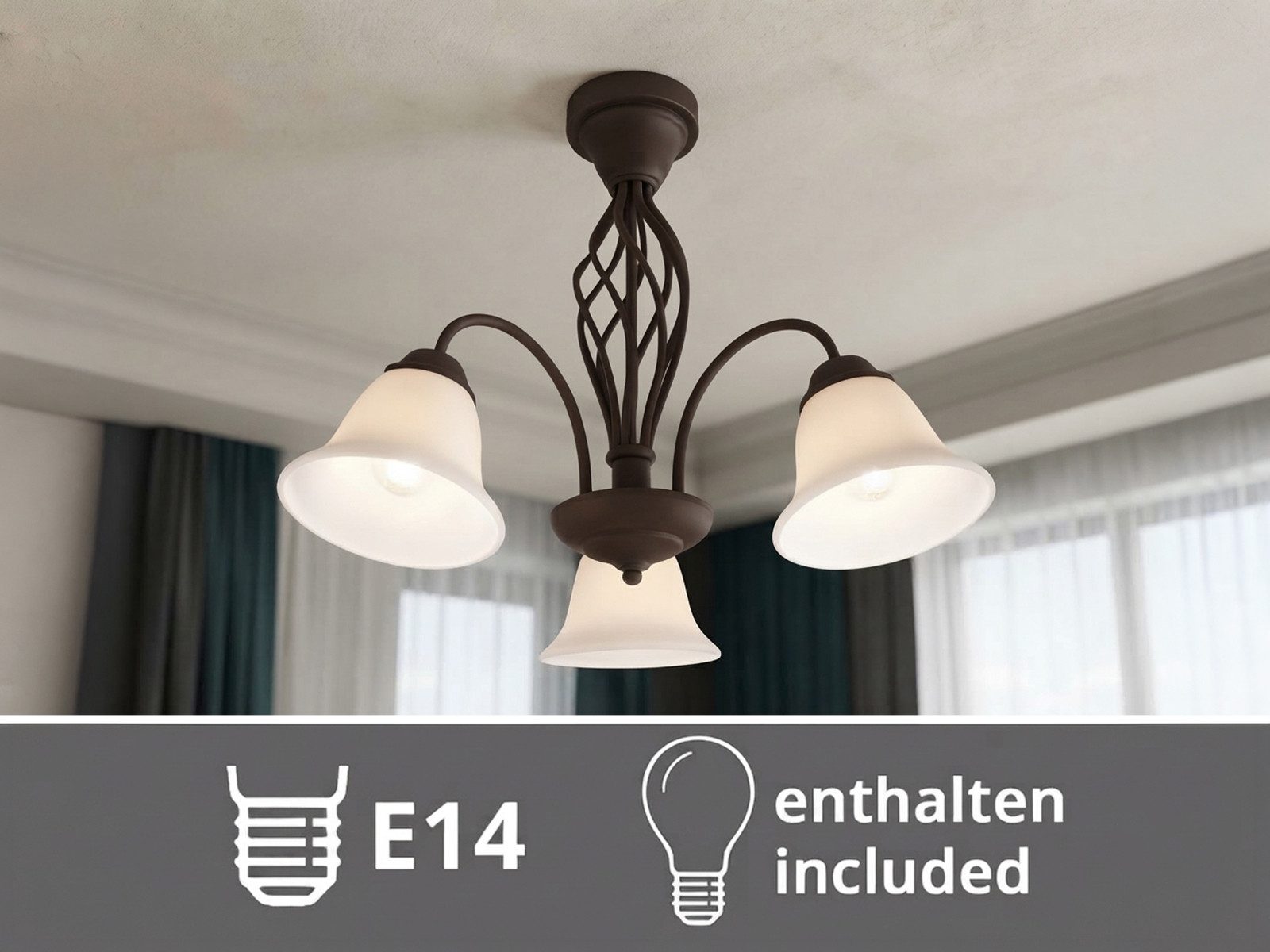 TRIO Leuchten LED Deckenleuchte Rostoptik mit Glas-Schirmen Ø 55cm, Dimmfunktion, LED wechselbar, Warmweiß, große Deckenlampe Landhaus-Stil inkl. E14 LEDs – Bild 5 von 5