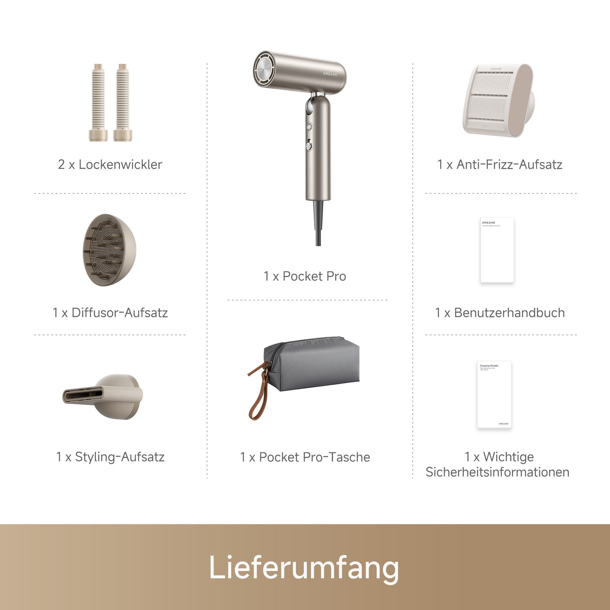 Dreame Haartrockner Pocket Pro, 1300 W, Hitzeschutz, Diffusor, Anti-Frizz, Lockenaufsätze