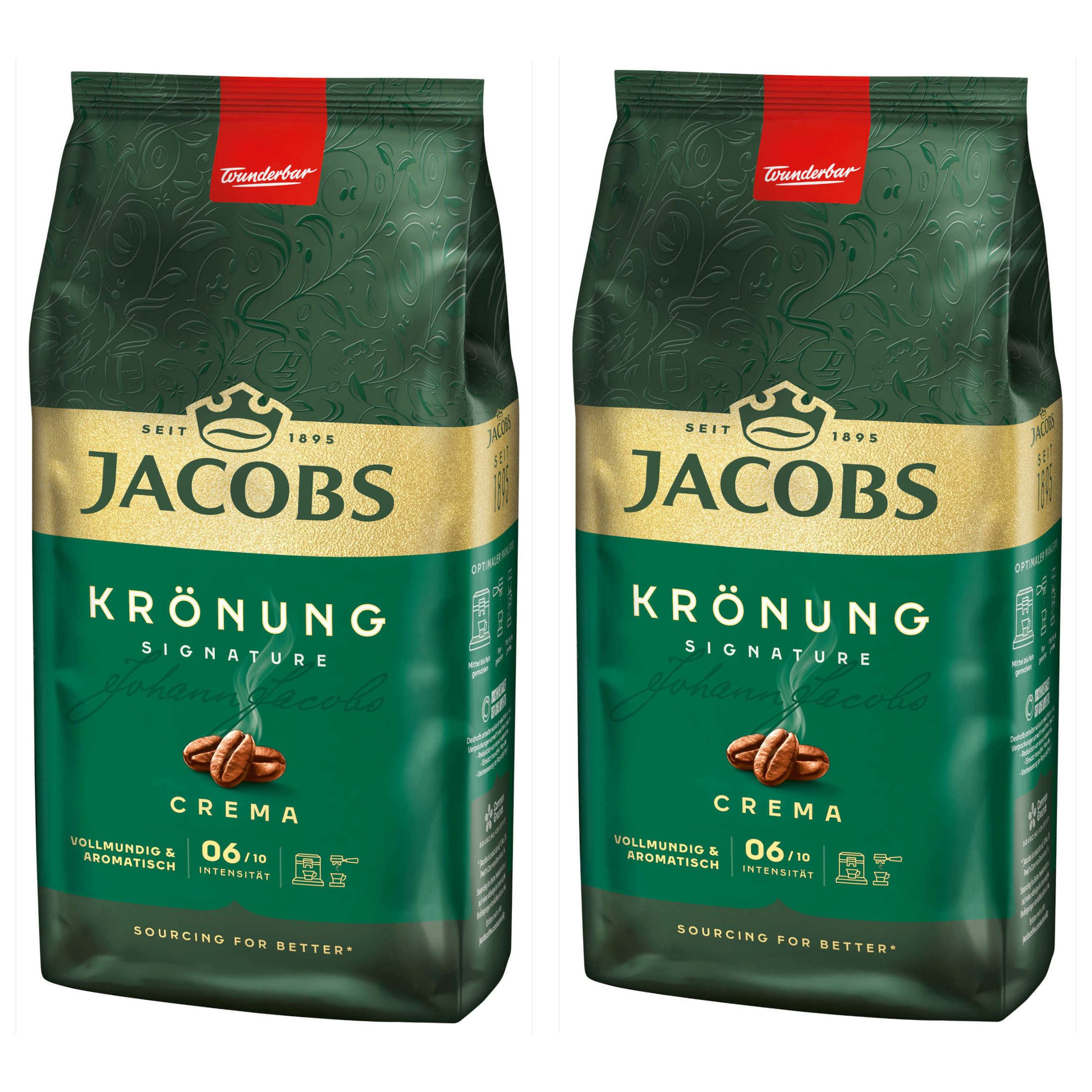 JACOBS Kaffee Kaffeebohnen Krönung Crema 2 x 1 kg ganze Kaffee Bohnen geröstet, 2000 g, (Packung, 2er Pack)