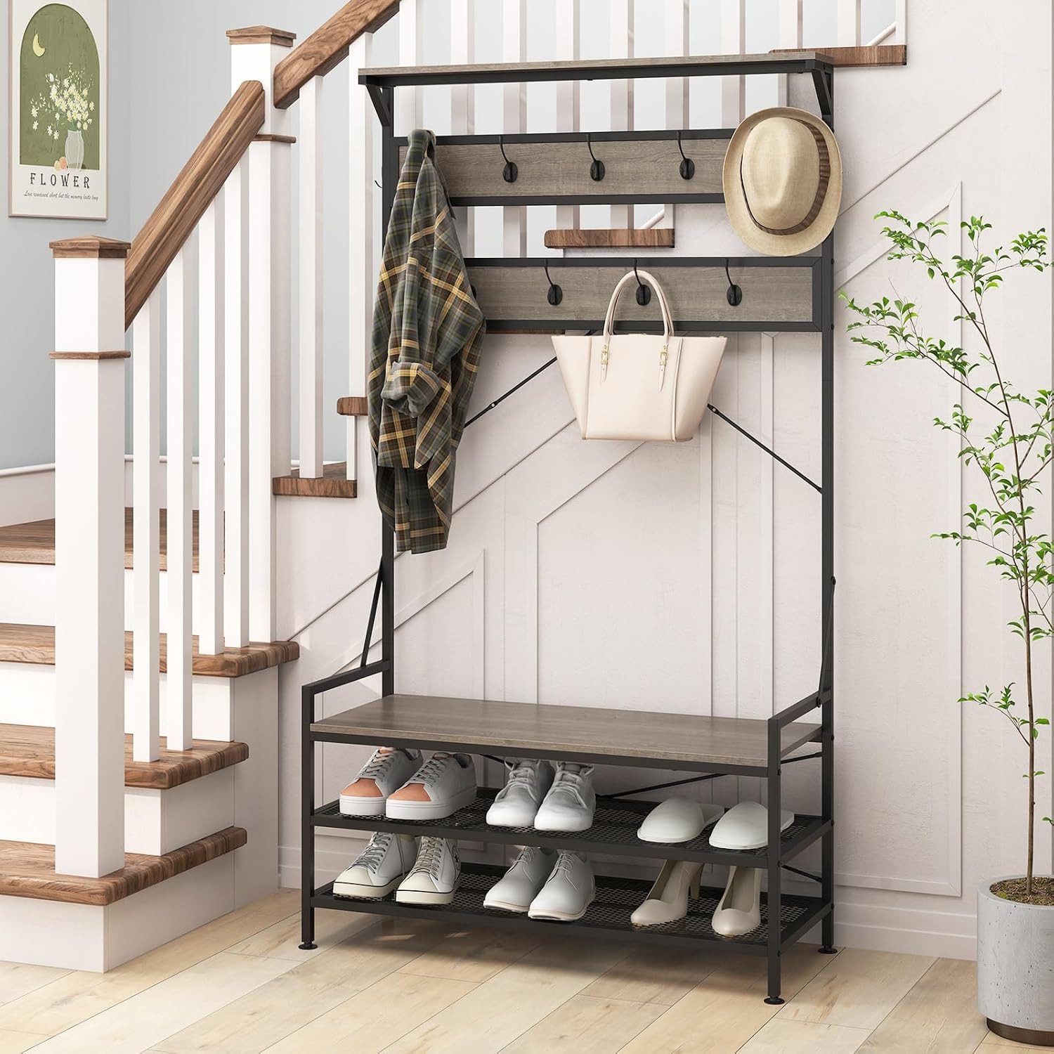 COSTWAY Kleiderständer mit Sitzbank, Schuhregal mit Garderobe, 11 Haken, 184cm