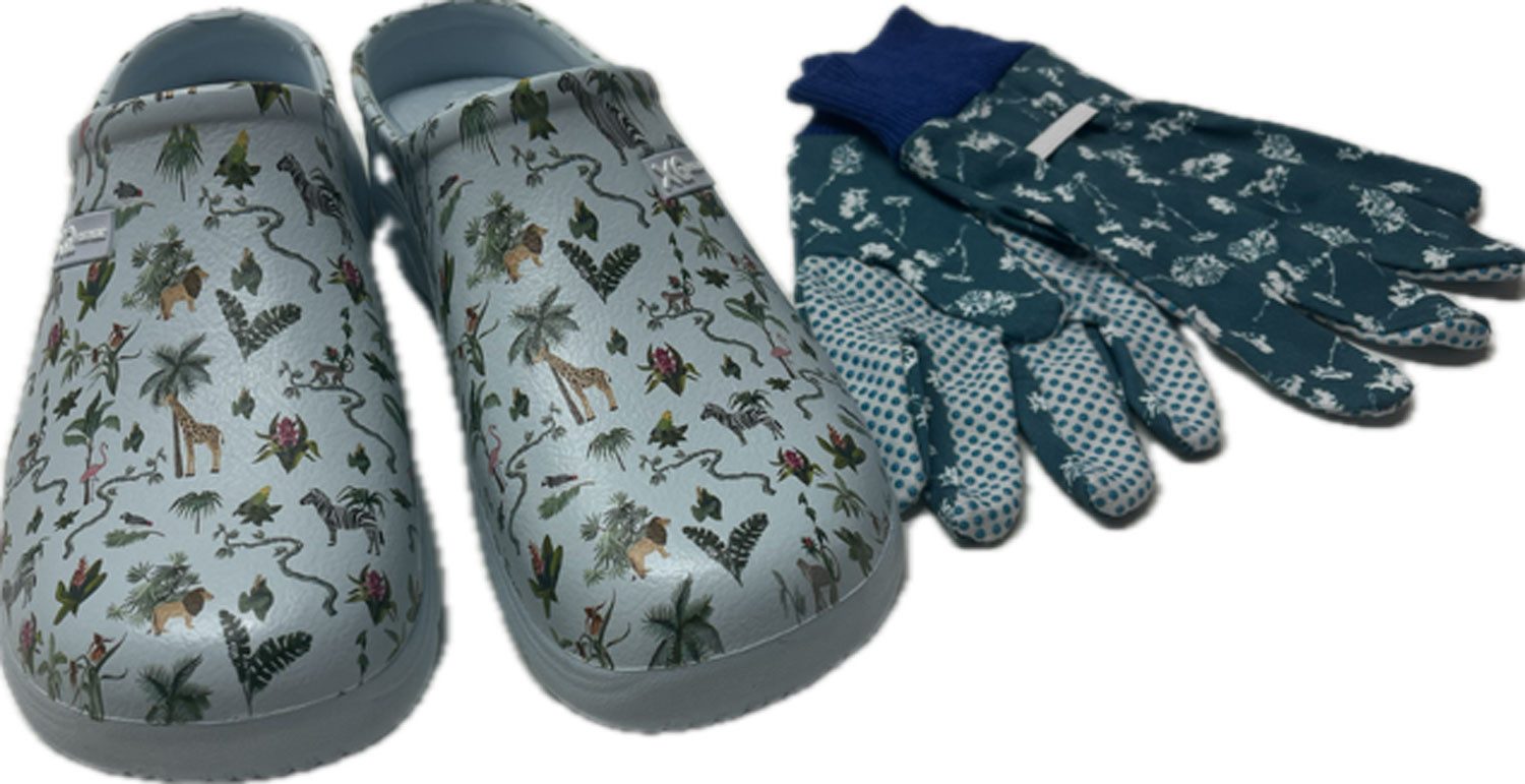 Steinnacher Bärbel Damen Gartenclogs Safari blau mit passenden Gartenhandschuhen Clog