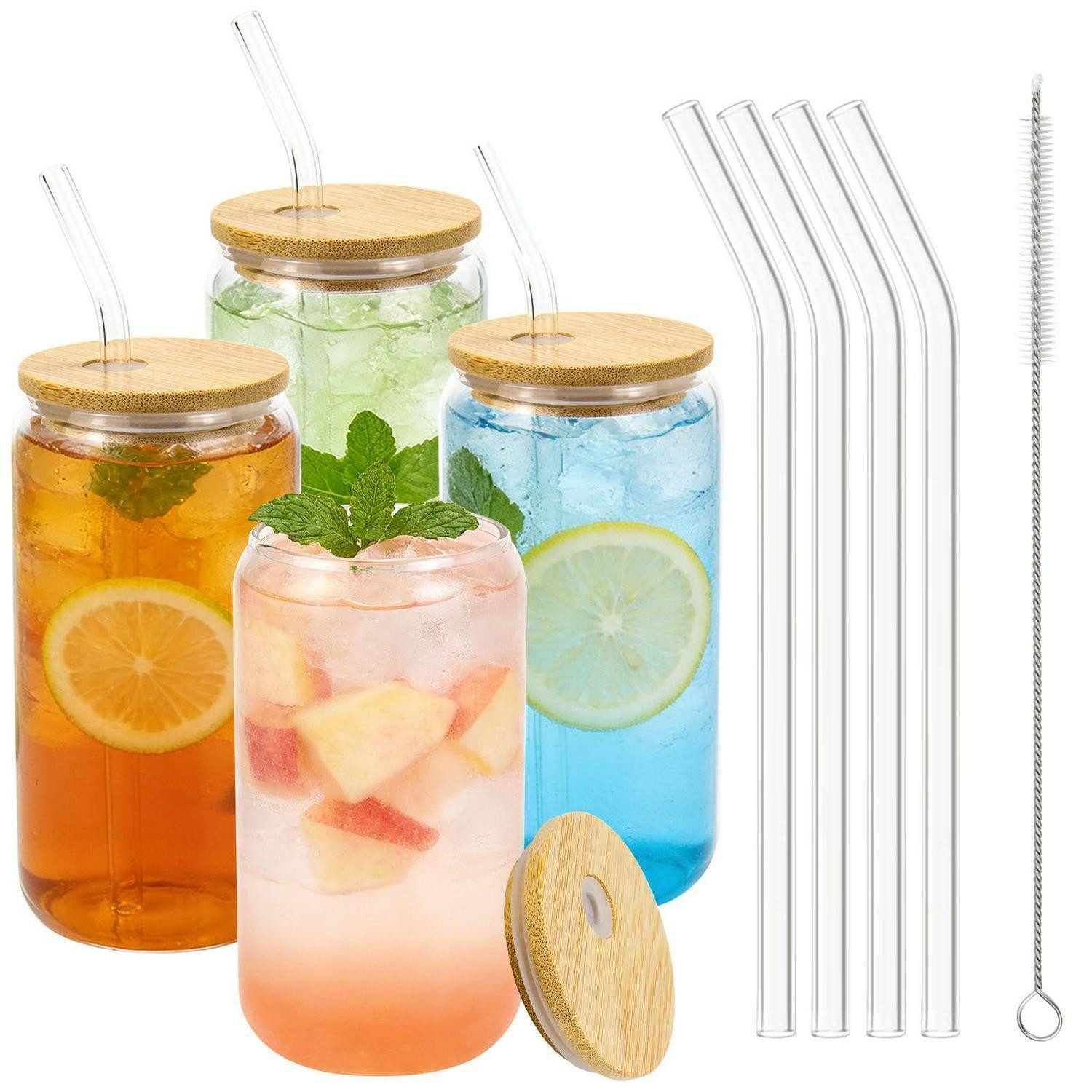 LuxusKollektion Gläser-Set 4er Set Trinkgläser mit Deckel & Strohhalm 500ml, 4-tlg., Glas