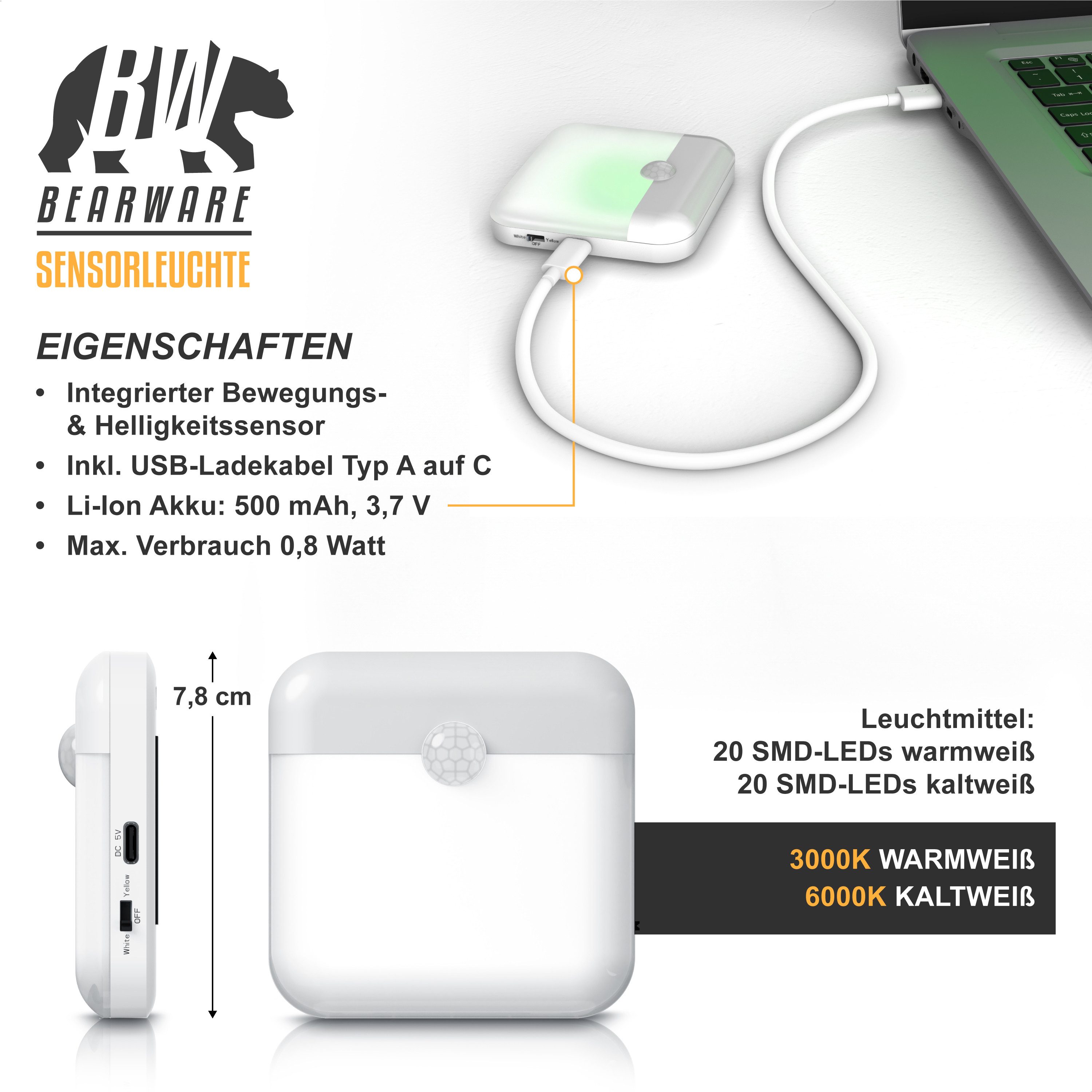 Brandson LED Nachtlicht Schranklicht mit Bewegungsmelder, 2 Lichtfarben, Akku, Sensor, Bewegungsmelder (PIR); Lichtsensor; Dimmfunktion; Dauerlicht (30 Min); Auto-Modus; Auto-Off (15 s), LED fest integriert, Warmweiß, Kaltweiß, 500 mAh, 60 lm, 7,8x7,8 cm, USB-C, 15 s Timer, Lichtsensor, Magnet
