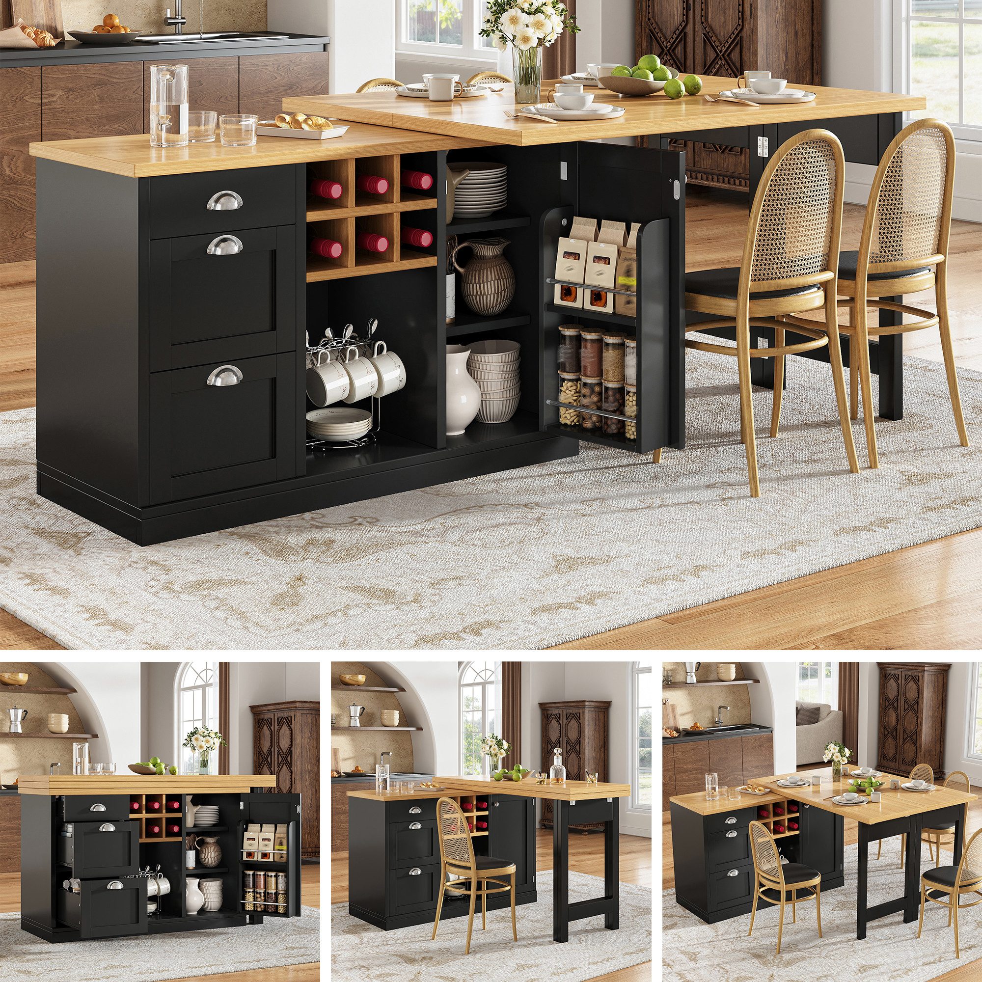 Flieks Kücheninsel Küchenschrank mit 360° drehbarer und klappbarer Arbeitstisch, (Holzoptik Tischplatte Tiefe 40-80cm, Längenverstellbar 120-197cm), ausziehbarer Esstisch & Mehrzweckschrank mit Weinregal Schwarz