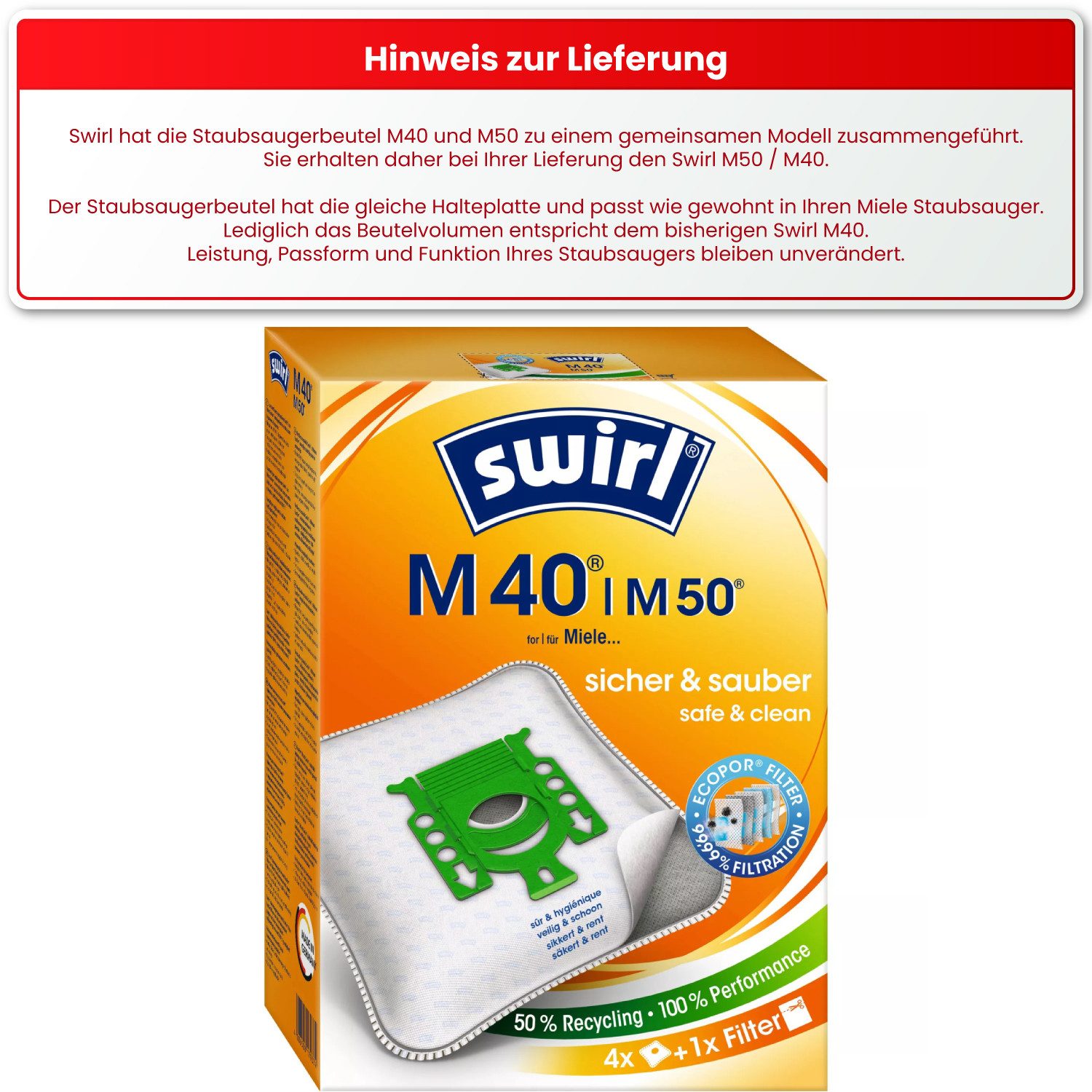 Swirl Staubsaugerbeutel Swirl M50 M 50, passend für Miele Staubsauger, inkl. 3 Filter - zuschneidbar, 12 St., Optimale Passform, EcoPor Qualität für lange Nutzungsdauer