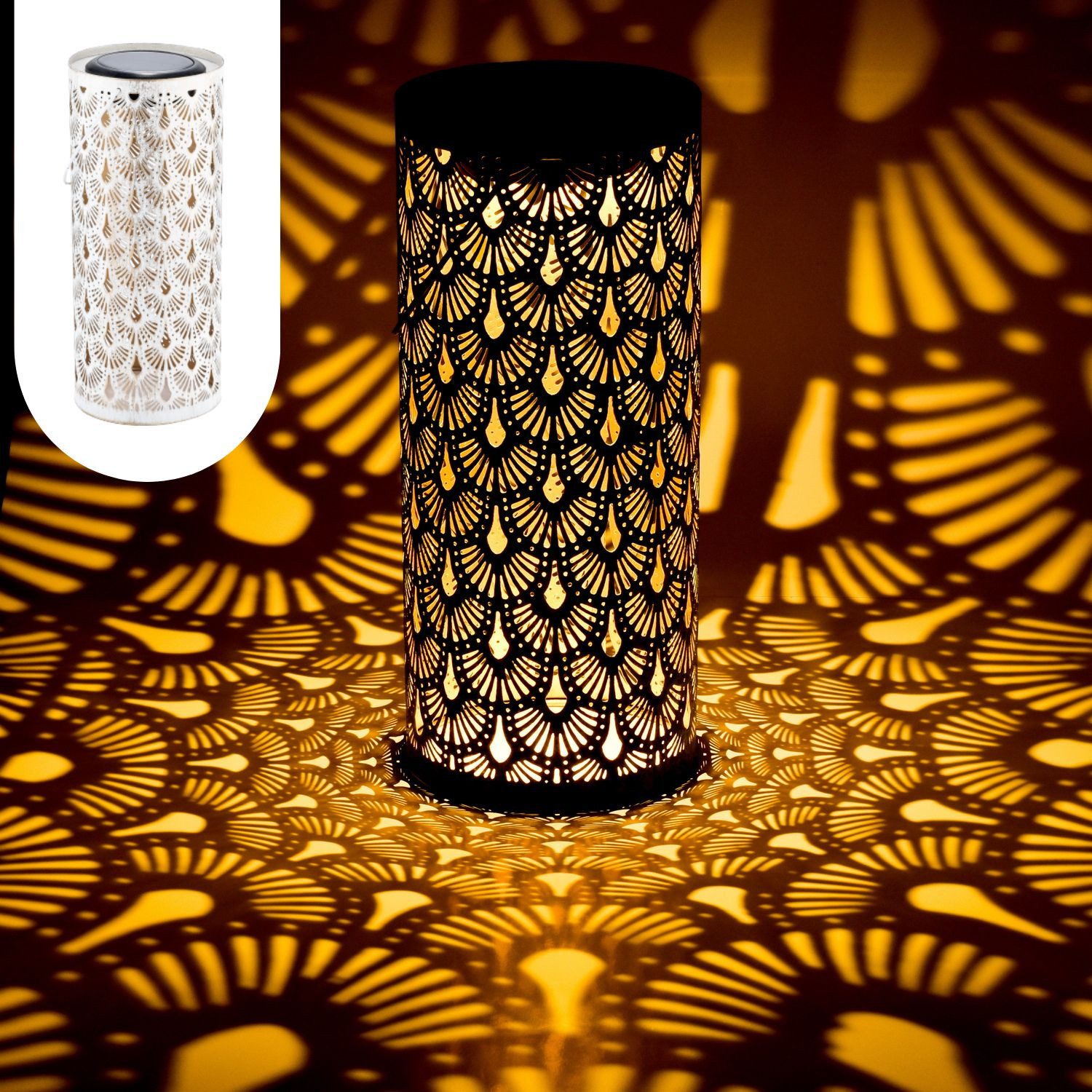 Marrakesch Orient & Mediterran Interior LED Solarleuchte Solarlaterne Fava aus Metall gefertigt, mit IP65-Schutzart, Weiß 30 cm, Handarbeit