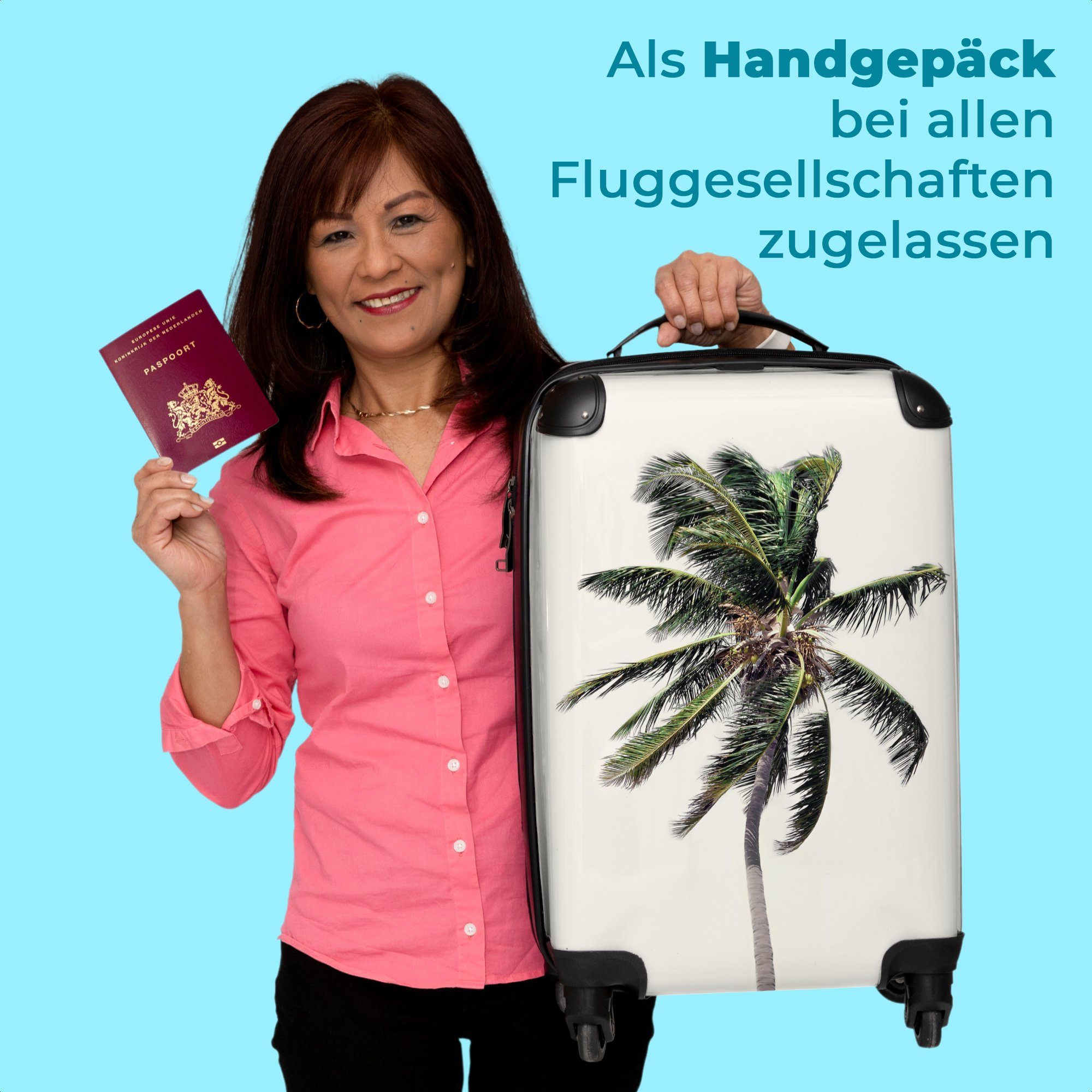 NoBoringSuitcases.com© Handgepäckkoffer 55x35x20cm Palme - Blätter, Rollen Grün 4 Trolley Rollen, - Handgepäck Cabin mit - 4 Natur - Rollkoffer Reisekoffer Kleine