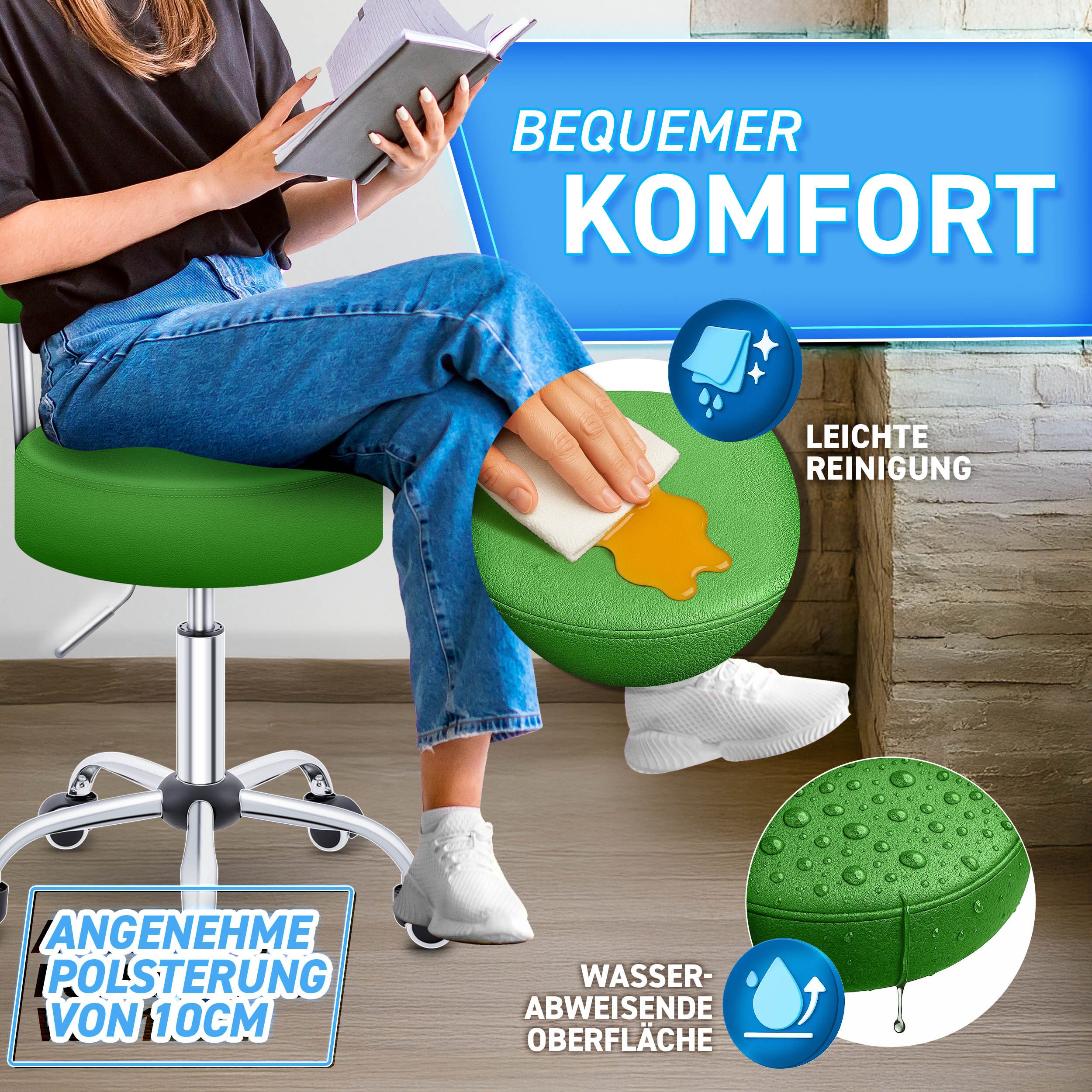 TRESKO Drehhocker Rollhocker mit Lehne, Arbeitshocker höhenverstellbar 46-58 cm, Bürostuhl mit Rollen Hocker Drehstuhl Kosmetikhocker