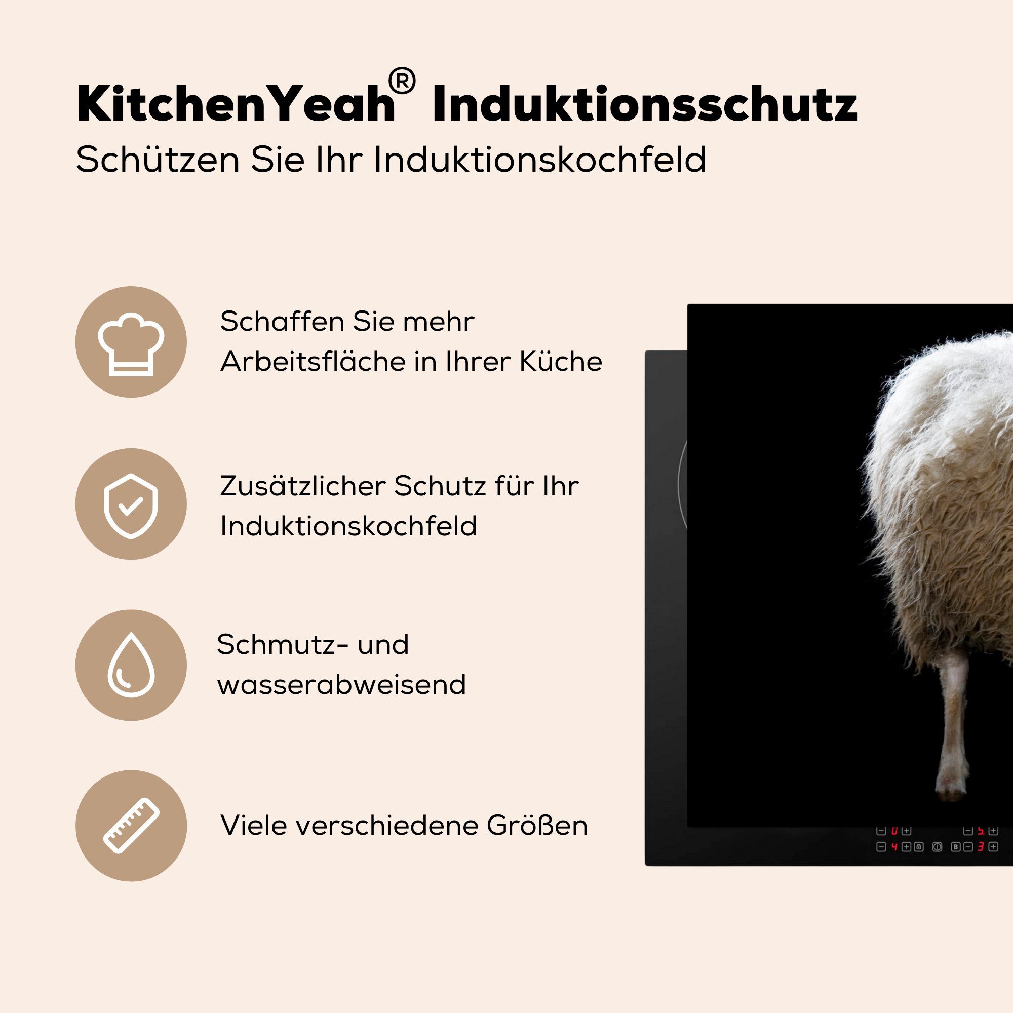 - Vinyl, Induktionskochfeld - (1 die Herdblende-/Abdeckplatte 81x52 für Ceranfeldabdeckung küche, cm, tlg), Schutz Nutztiere Schafe Schwarz, MuchoWow