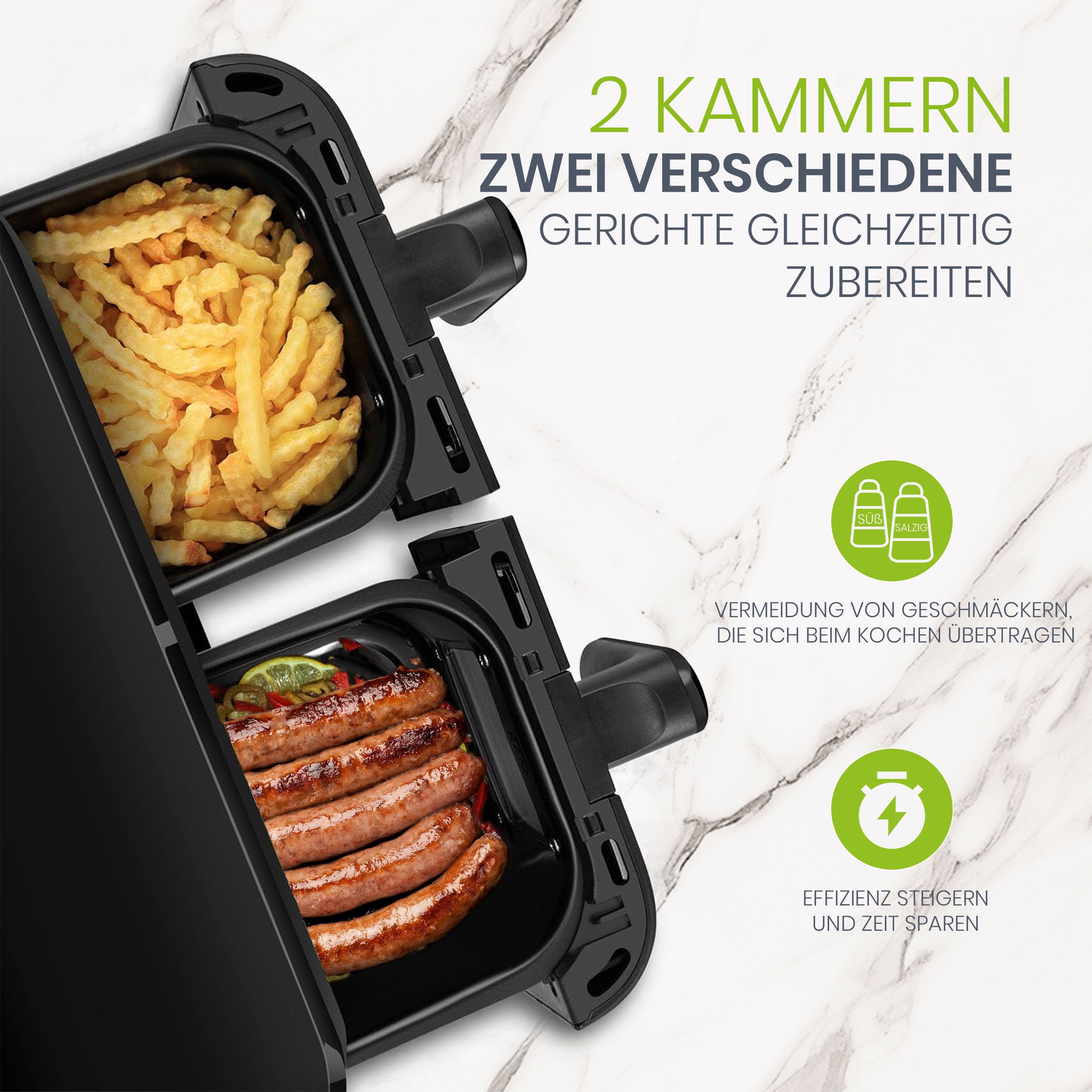 WHEELYOU Heißluftfritteuse 10 L Dual-Zonen Airfryer mit 2400 W – Touch-LED & 8 Kochprogramme, 2400 W, Doppelkammer‑Airfryer 2×5 L, 2400 W, 8 Programme, gesund & schnell