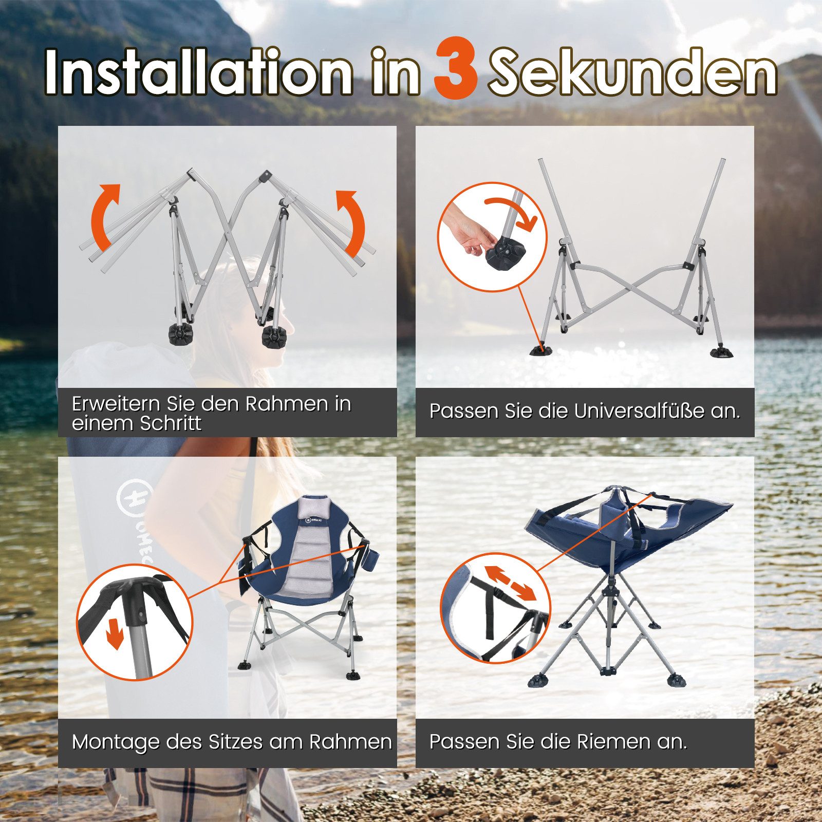 HOMECALL Campingstuhl Stühleschaukelstuhl outdoor Klappstuhl Faltbare Hängestuhl (Biz 180 KG, mit verstellbarer Rückenlehne, Lordosenstütze und Kopfstütze) – Bild 5 von 5