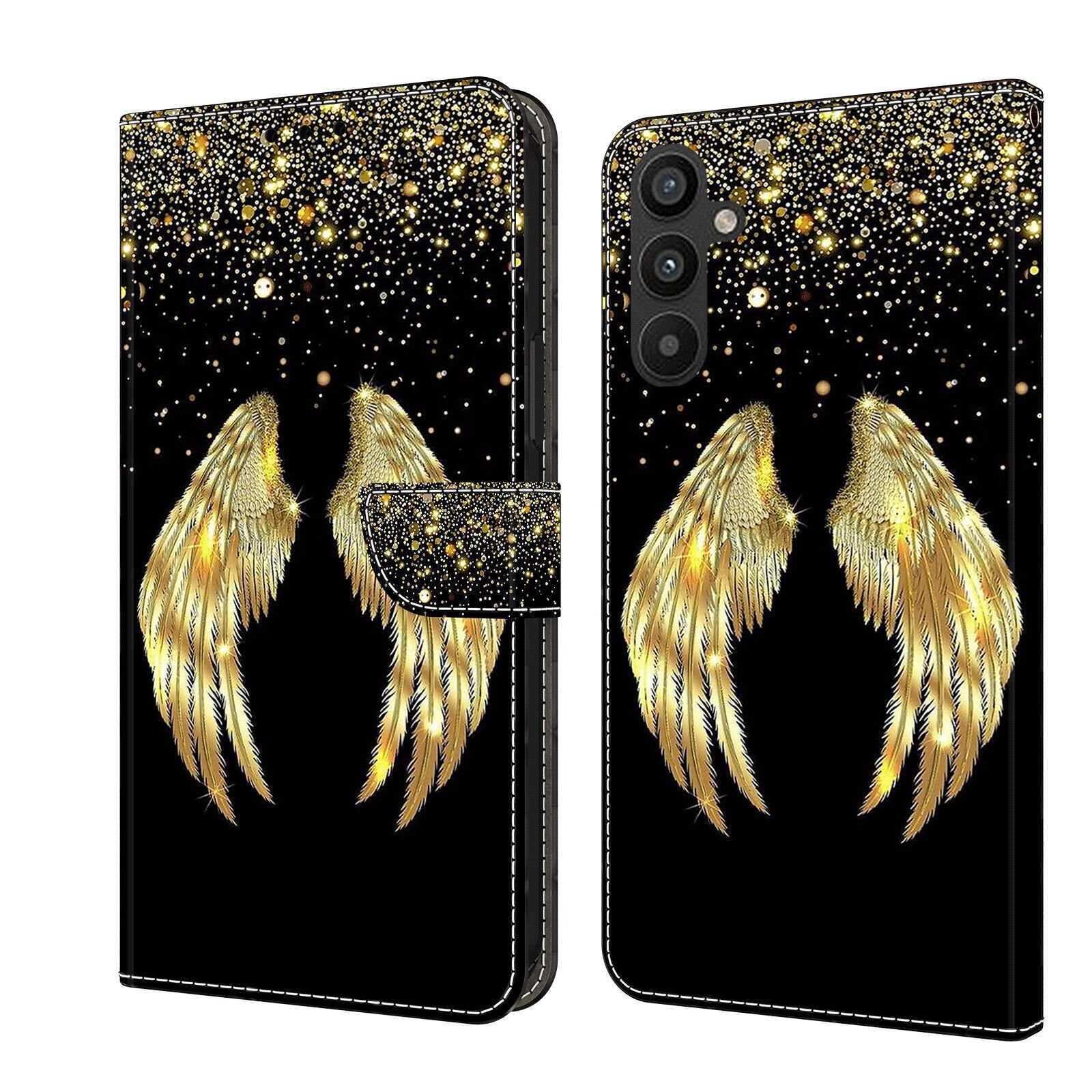 CLM-Tech Handytasche für Samsung Galaxy A35 5G Hülle - Tasche aus Kunstleder Klapphülle (goldene Flügel, Handyhülle mit Standfunktion - Wallet Flip Case inklusive Kartenfächer), - Cover Etui mit Magnetverschluss - Galaxy A35 5G Schutzhülle