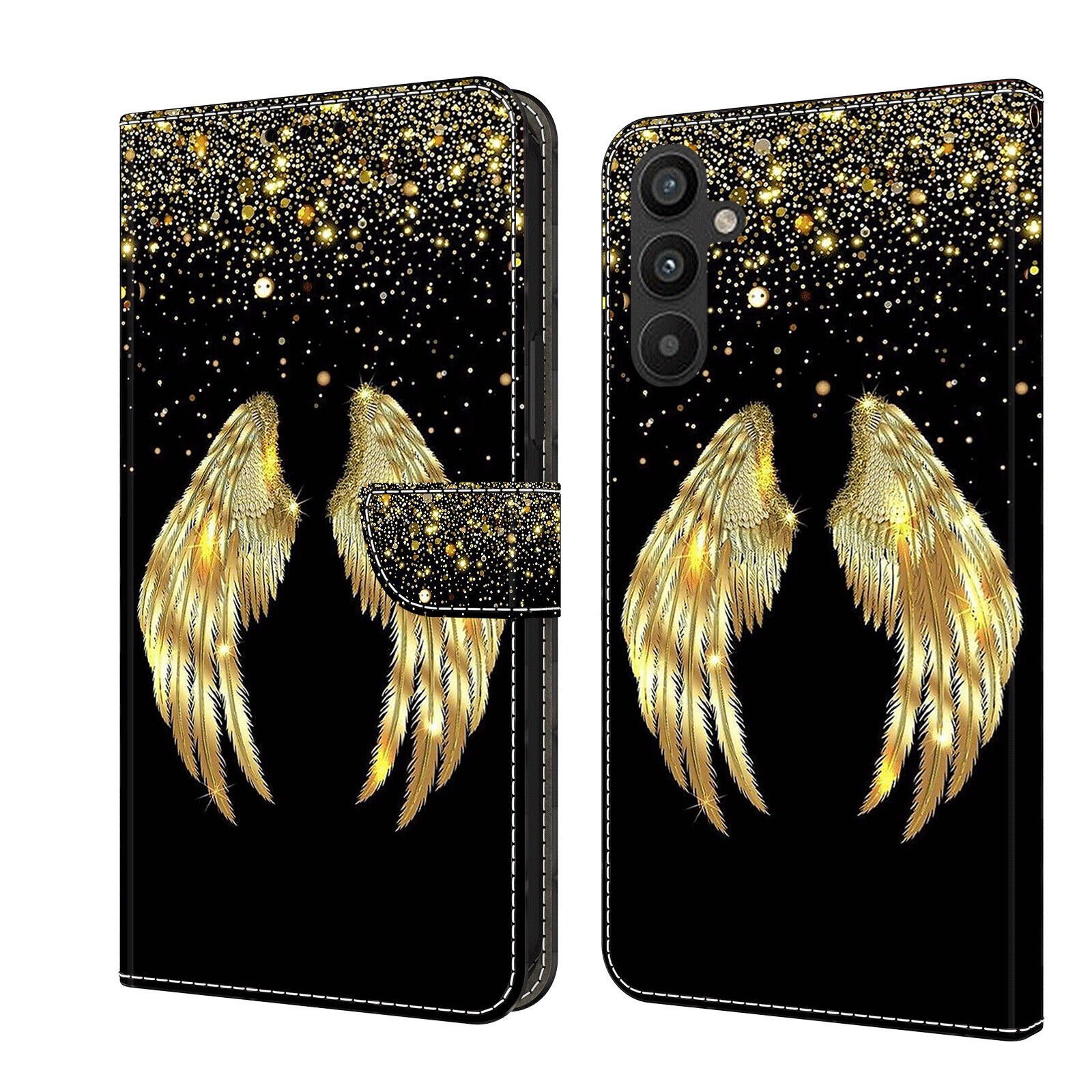 CLM-Tech Handytasche für Samsung Galaxy A54 5G Hülle aus Kunstleder Klapphülle (schwarz goldene Flügel, Handyhülle Wallet Flip Case Cover Etui), Schutzhülle mit Standfunktion, Kartenfächer und Magnetverschluss