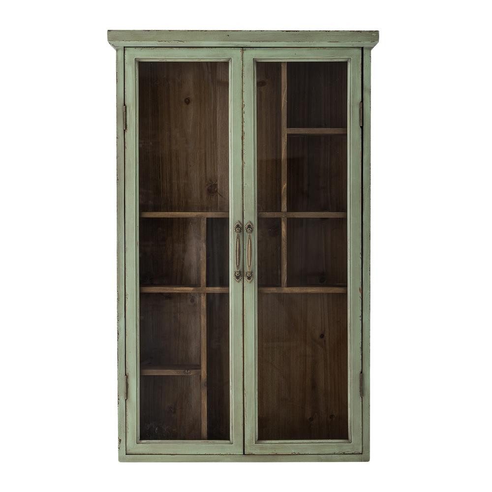 Bloomingville Wandhängeschrank Hazem Kabinett grün aus Tannenholz, dekorativer Wandschrank, Vitrinenschrank, Hängeschrank, Vintage Look, Gewürzschrank, Glasfront