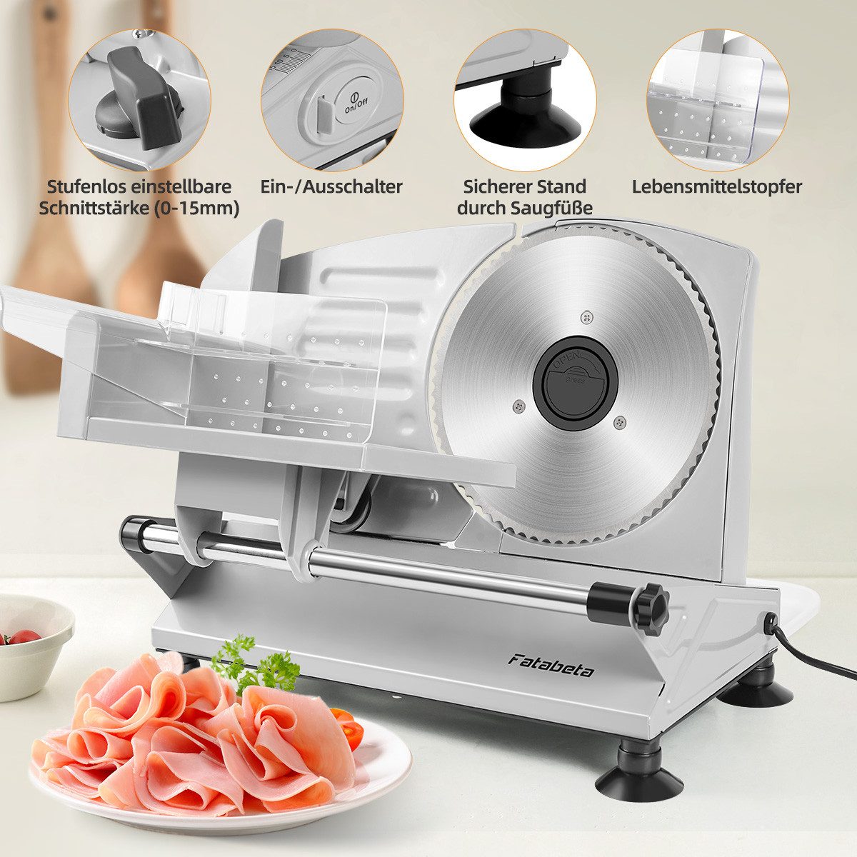 FATABETA Allesschneider Brotschneidemaschine Elektrisch, Edelstahl Aufschnittmaschine, 150,00 W, mit stufenlos einstellbarer Schnittstärke,mit Abnehmbarer 17 cm Klinge