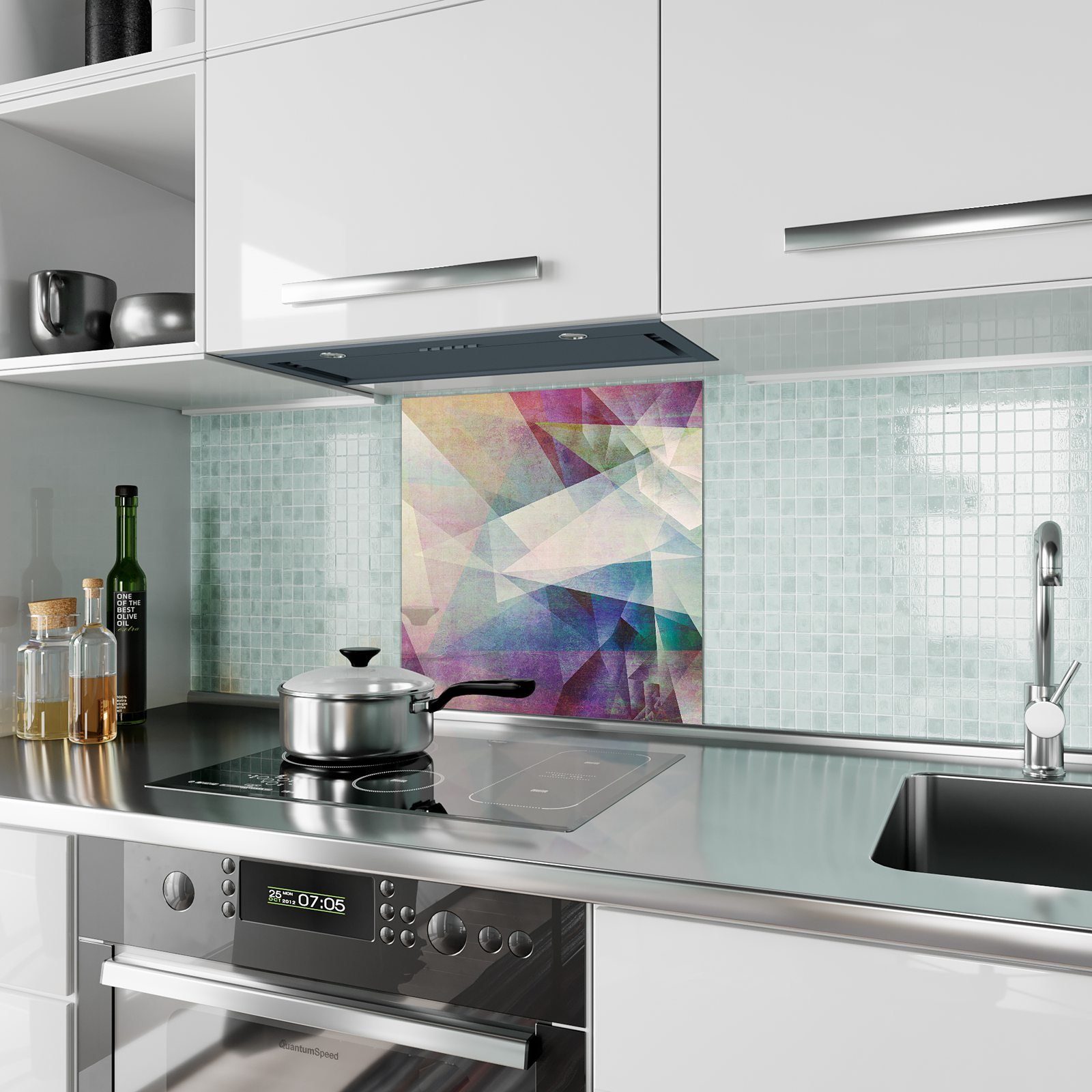 Leinwand Motiv Küchenrückwand Küchenrückwand Bunte Glas mit Primedeco Farben auf Spritzschutz