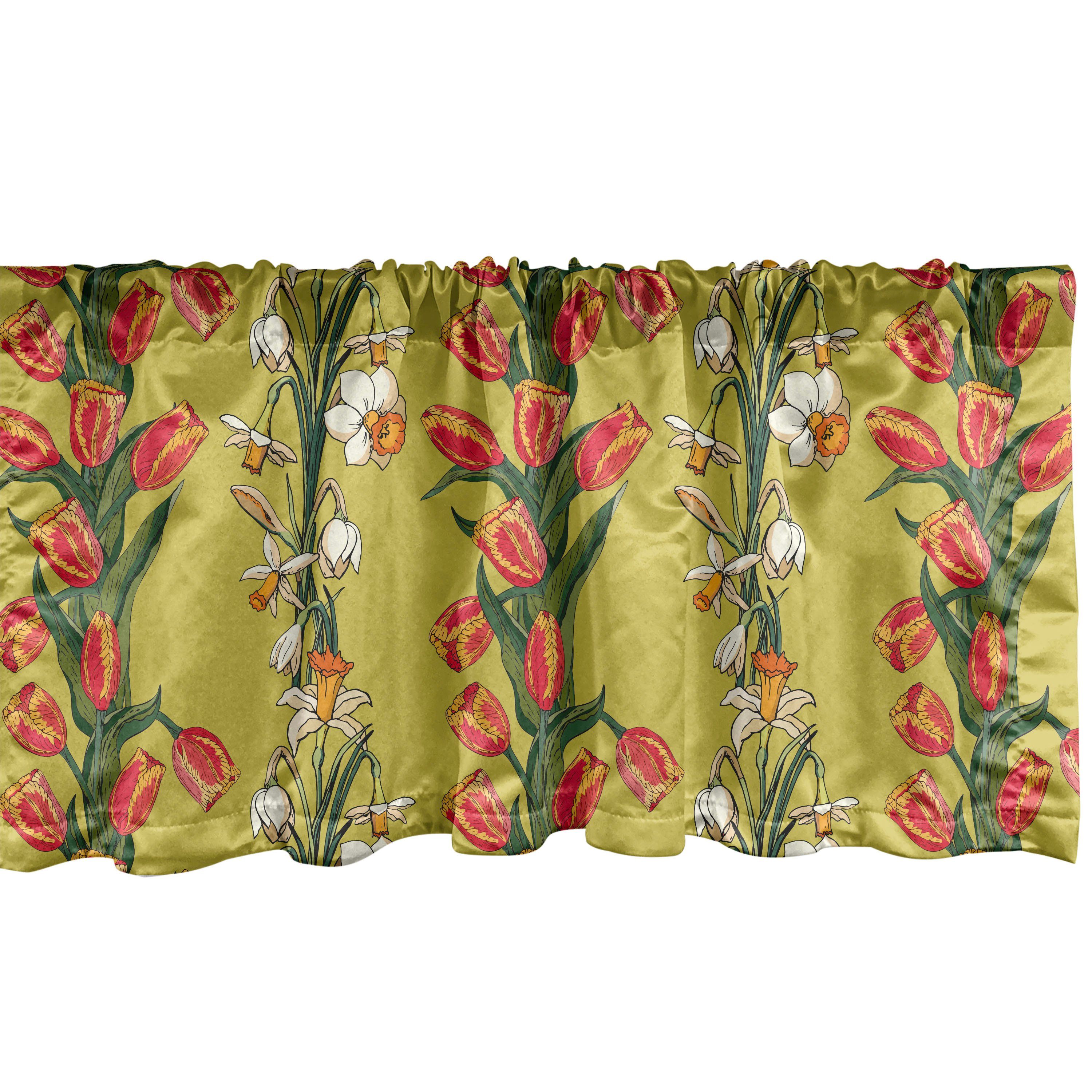 Scheibengardine Vorhang Volant für Küche Schlafzimmer Dekor mit Stangentasche, Abakuhaus, Microfaser, Blumen Tulpen und Narzissen-Muster