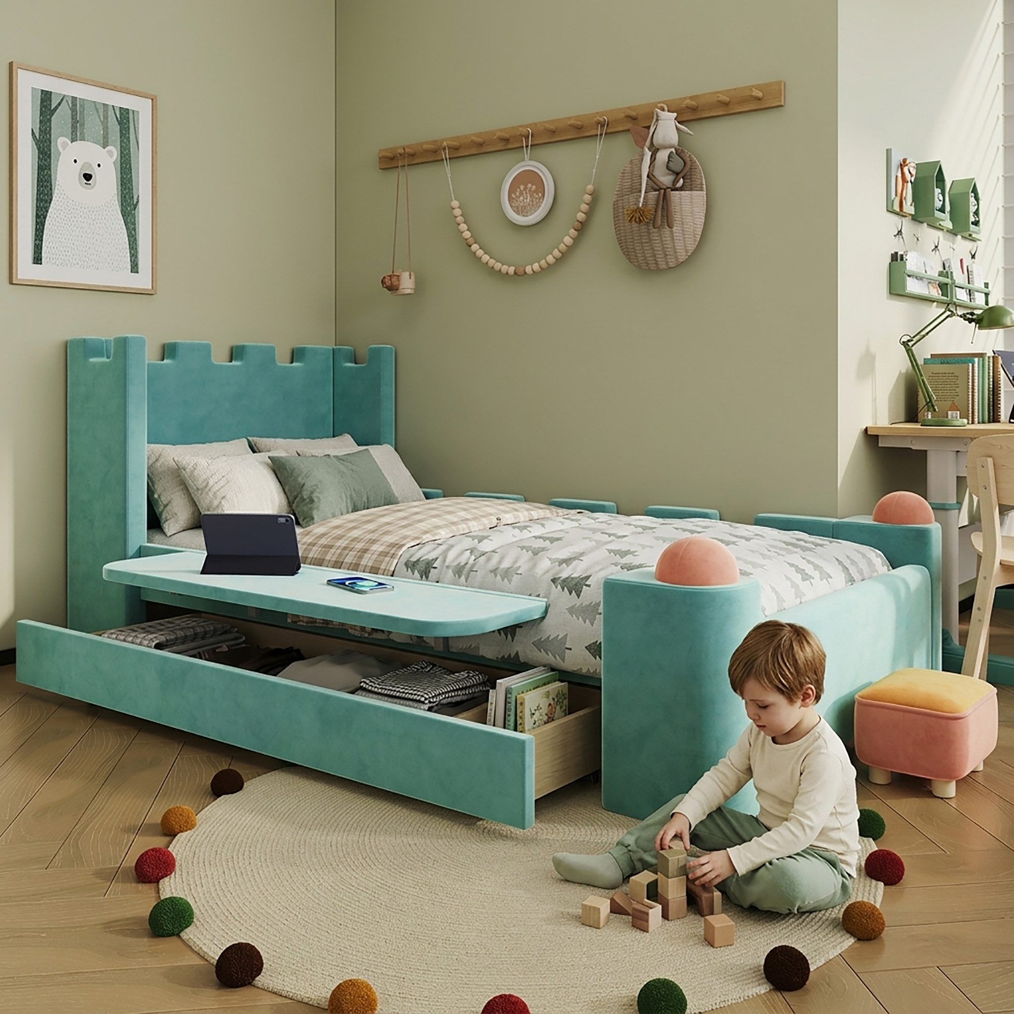 KLAM HOME Polsterbett Blaugrünes Burg-Kinderpolsterbett mit klappbarer Seitenablage (Einzelbett 90x200cm aus französischem Samt mit Stauraumschublade), Sicheres Kinderbett mit Antikollisionskanten, austauschbarer Struktur