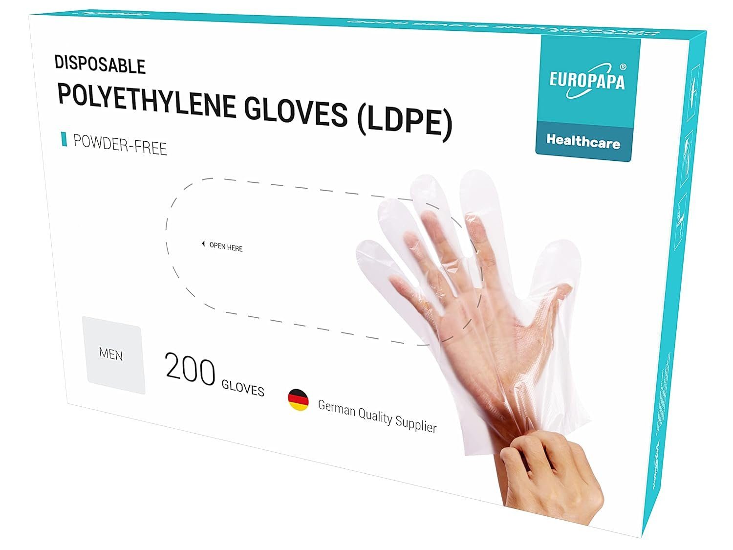 EUROPAPA Einweghandschuhe Vorteilspack LDPE Einweghandschuhe in Box (200-St., Einmalhandschuhe) latexfrei puderfrei Перчатки in Damen Размер Herren Größe