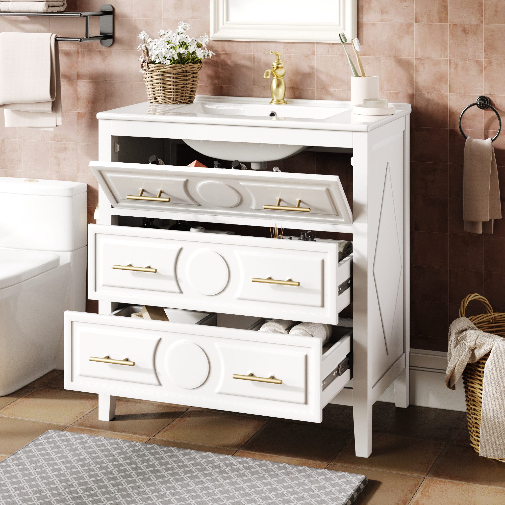 Flieks Waschtisch Badezimmerschrank mit 1 Klappen, 2 Schubladen und goldener Metallgriff (B81/T46,5/H86,5 cm, 1-St., bodenstehend Badschrank Waschplatz), Waschbeckenunterschrank mit Keramikwaschbecken Badmöbel-Set Weiß