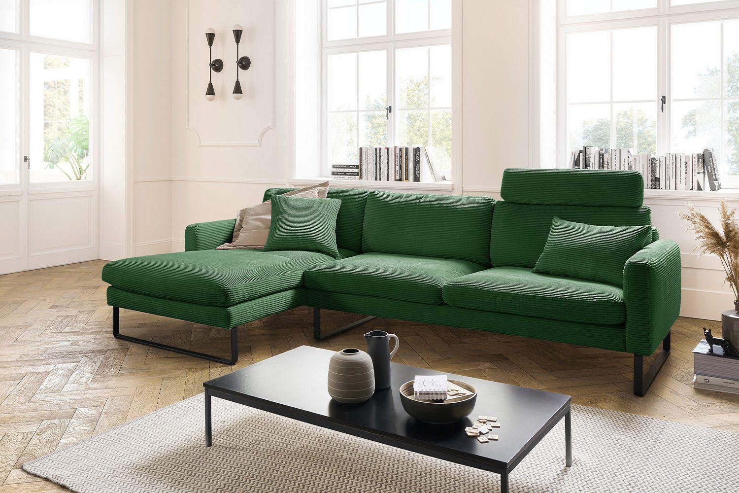 KAWOLA Ecksofa RICARDA, Sofa Cord, Recamiere links od. rechts, versch. Farben smaragd