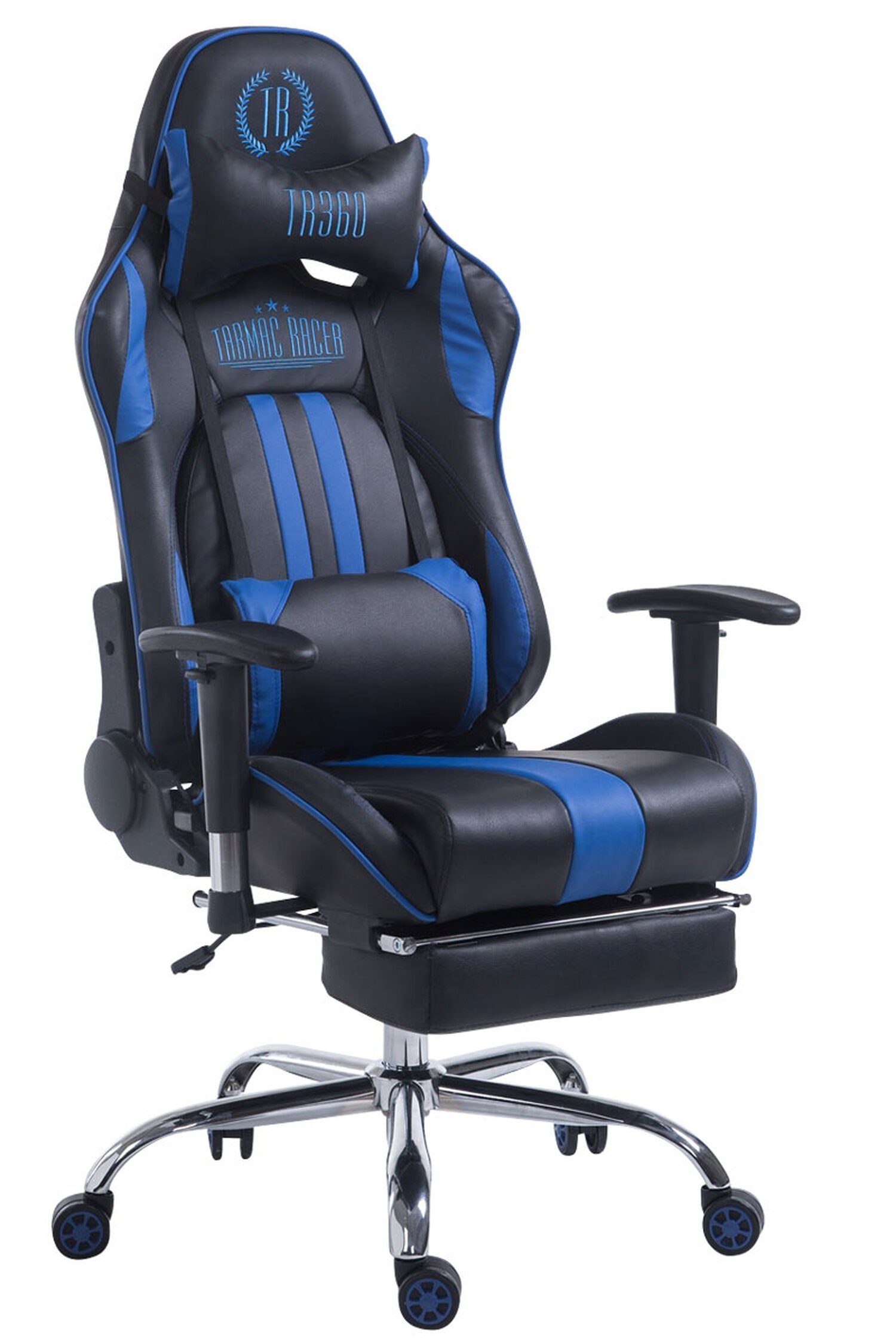 TPFLiving Gaming-Stuhl Limitless mit bequemer Rückenlehne - höhenverstellbar und 360° drehbar (Schreibtischstuhl, Drehstuhl, Gamingstuhl, Racingstuhl, Chefsessel), Gestell: Metall chrom - Sitzfläche: Kunstleder schwarz/blau