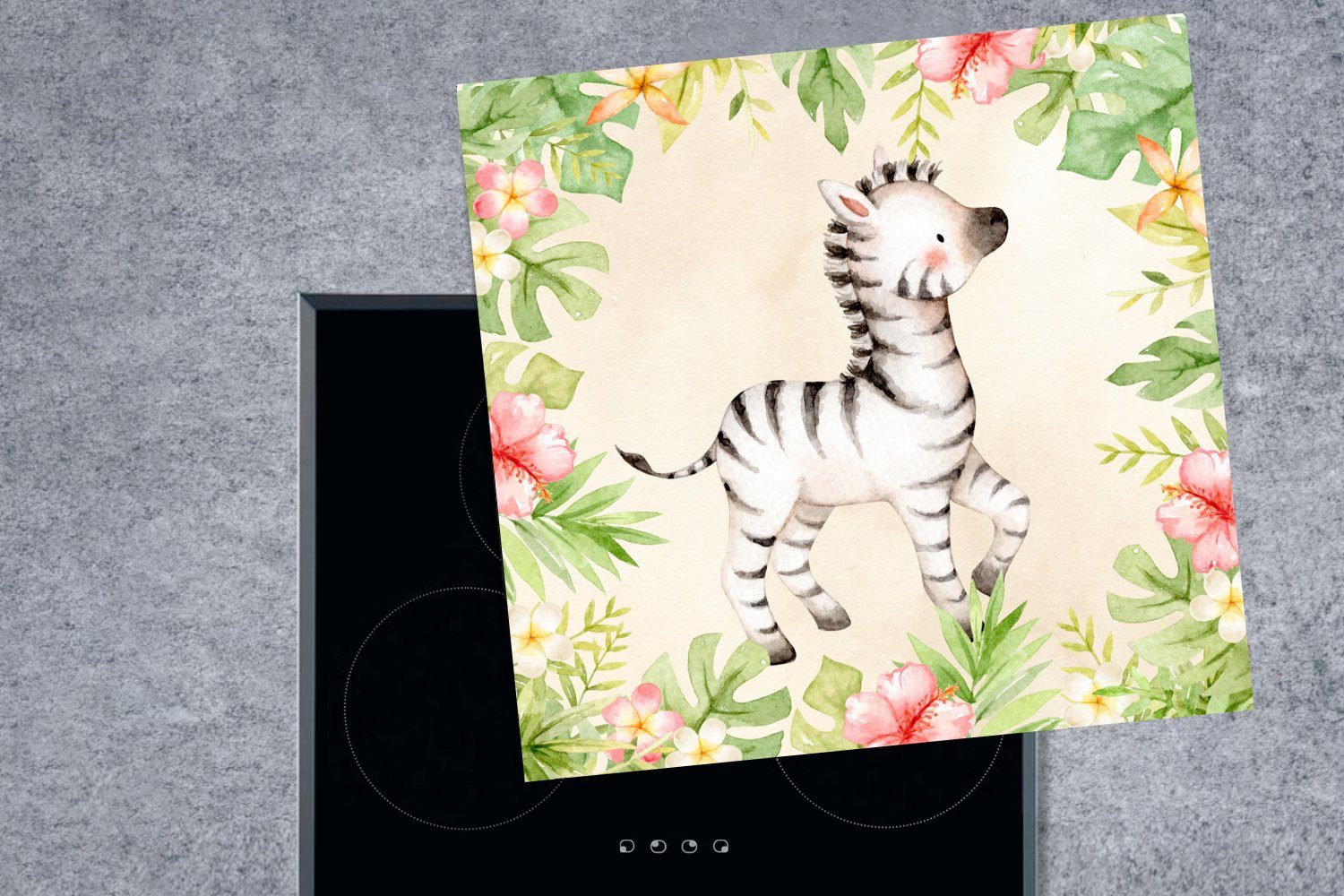 78x78 cm, (1 Ceranfeldabdeckung, tlg), küche Arbeitsplatte Aquarellfarbe, Zebra für Vinyl, Herdblende-/Abdeckplatte - Dschungel MuchoWow -