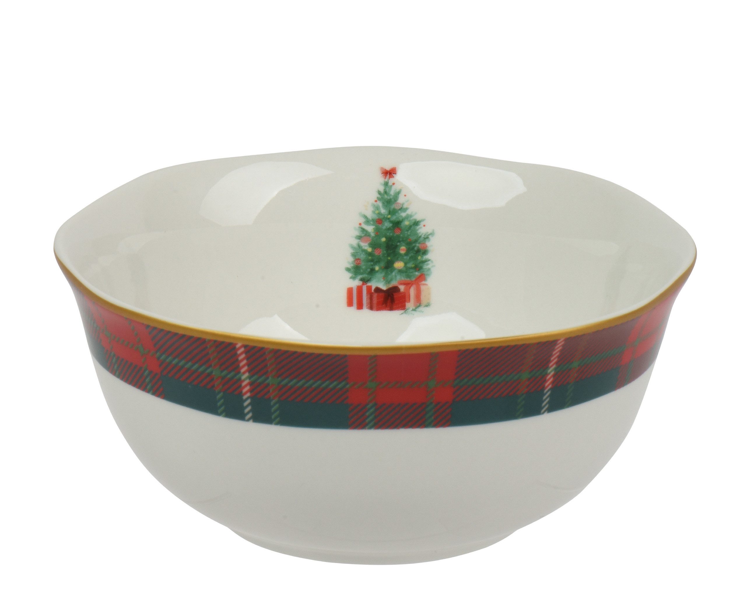Kaemingk Müslischale, Keramik, Müslischale 14cm Porzellan mit Weihnachtsbaum & Karomuster Weiß