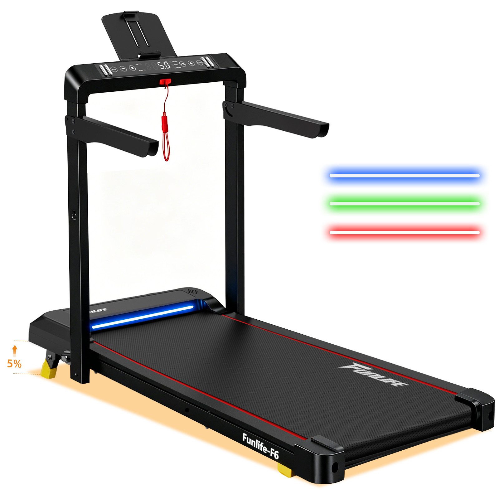FunLife Laufband F6 klappbar mit Handlauf-Display (Einzelartikel, 1 Laufband, 1 Sicherheitsclip, 1 Bedienungsanleitung), Handlauf-Display, 1–14 km/h, 2 Steigungen, LED, Puls
