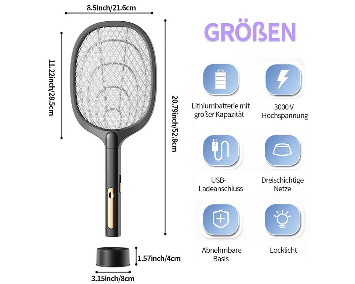 Thumbnail - ZEUOPQ Insektenabwehrgerät Fliegenklatsche USB wiederaufladbare 2in1 elektrische Mückenklatsche, vertikal und in der Han...