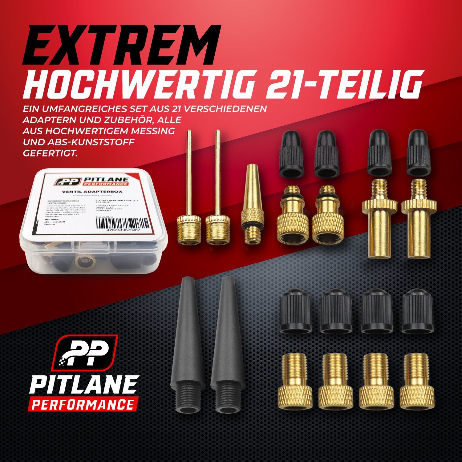 Pitlane Performance Luftpumpe Luftpumpen-Zubehör XXL (Ventil-Adapter-Set, 21-tlg., 21-teilig mit Adaptern, Zubehör und Aufbewahrungsbox), Für AV-, SV- und DV-Ve – Bild 5 von 5