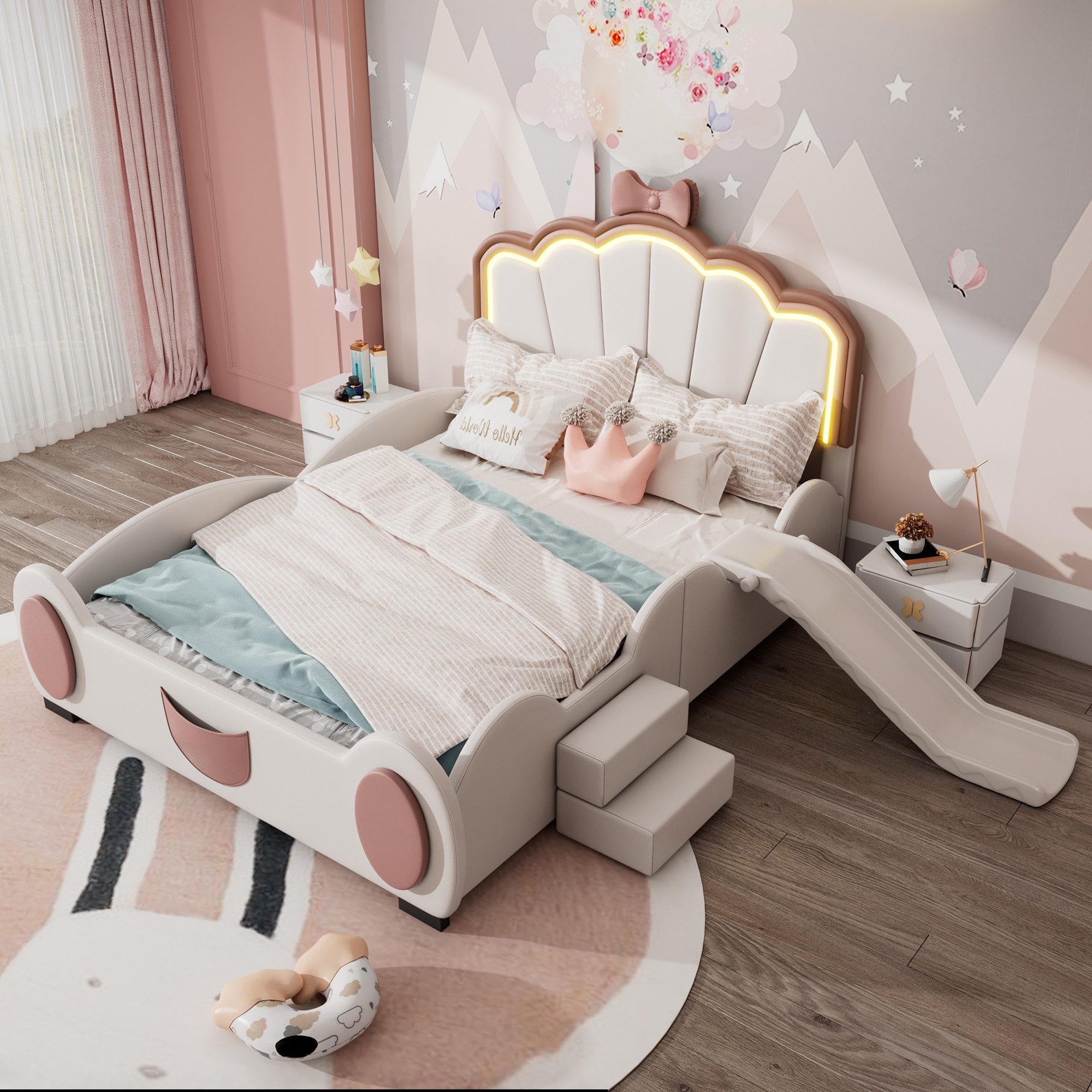 Odikalo Kinderbett Schmetterlingsbett Cartoon LED Rutsche Leiter PU 140x200cm Lila/Beige