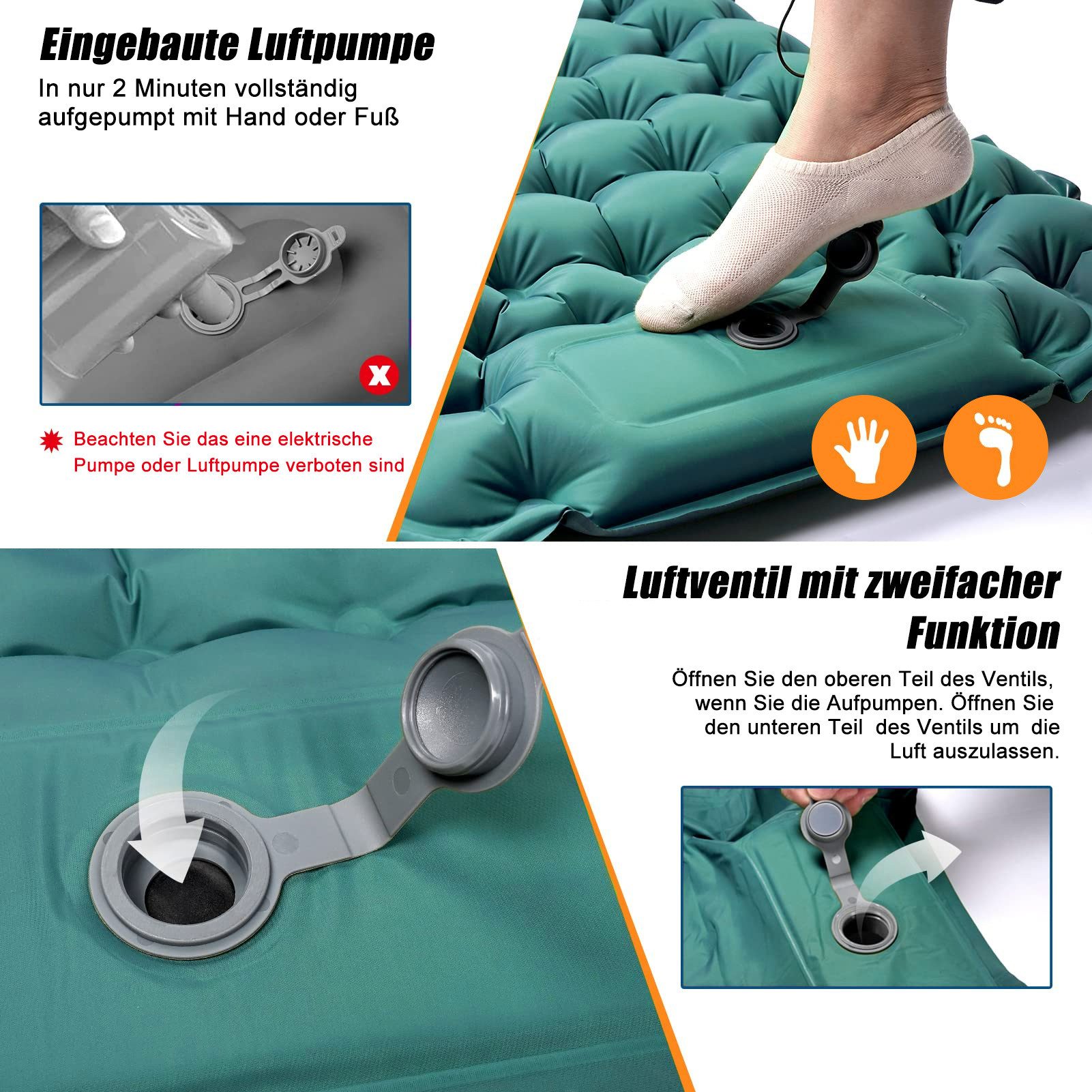 CALIYO Isomatte 2-Tlg Isomatte Outdoor, Isomatte Ultraleicht, Isomatte Camping Outdoor, (2-tlg., Isomatte Camping mit Fußpresse Pumpe und Kissen), erschleißfest/wasserabweisend/reißfestigkeit