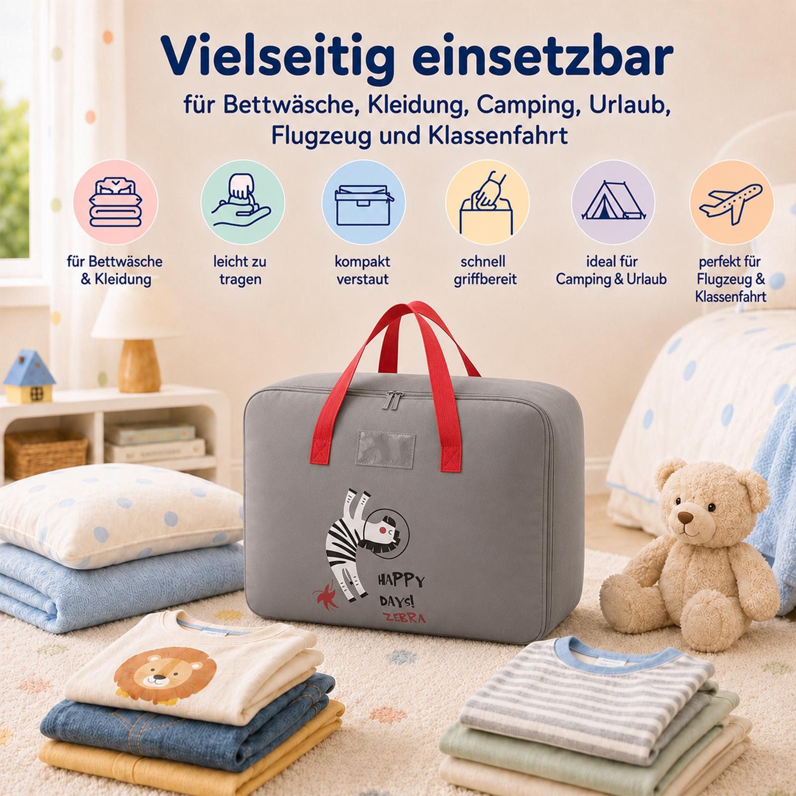 VERCO Reisetasche Kinder Gepäcktasche faltbar für Klassenfahrt (1-tlg), Faltbare Aufbewahrungstasche Kinderzimmer Camping Urlaub