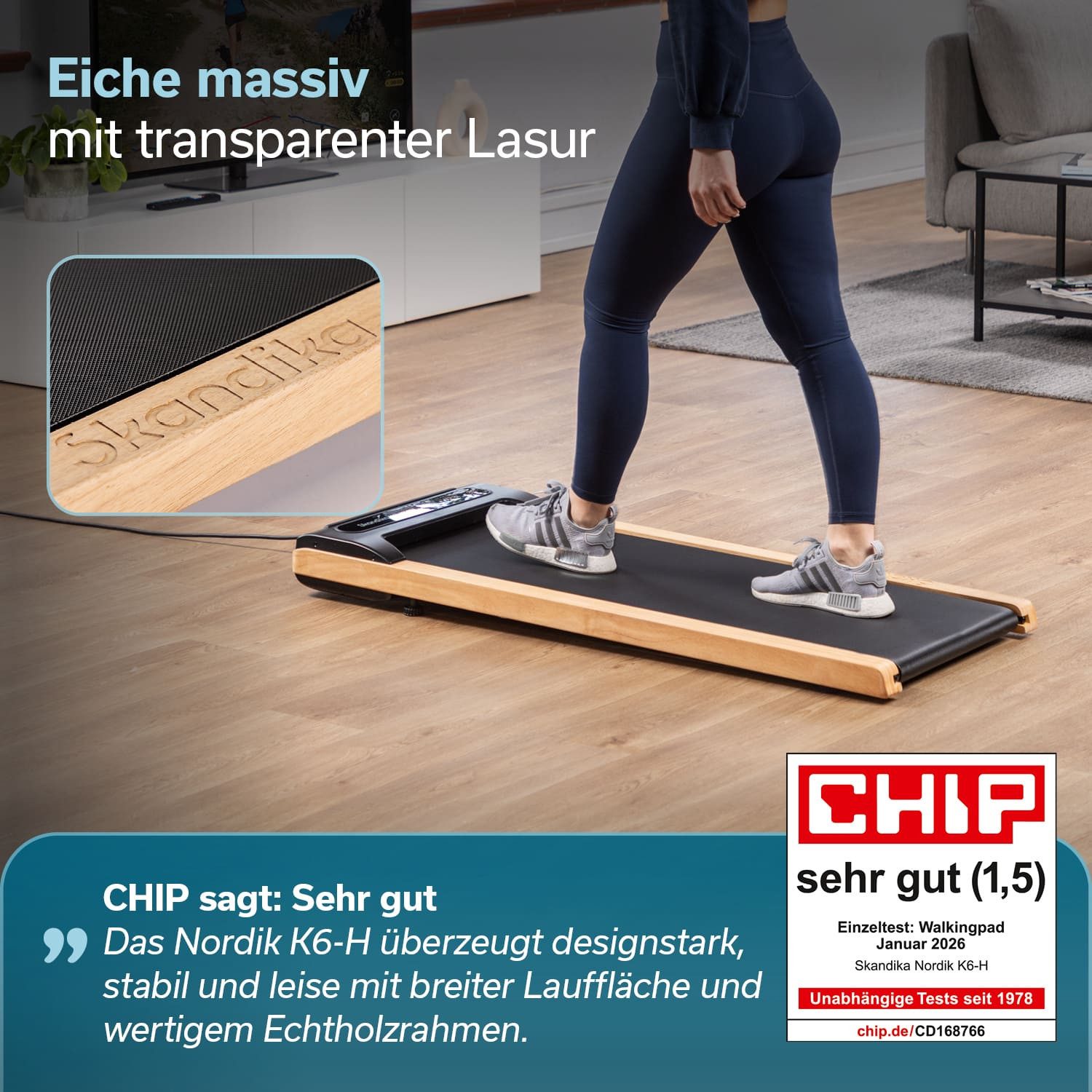 Skandika Laufband für Zuhause, Walking Pad Nordik, 6 km/h, LED-Display, Fernbedienung (LED-Bildschirm, Max. Benutzergewicht 120 kg, Transportrollen), 23 Programme, App kompatibel, bis 135 kg, 16 Widerstandsstufen