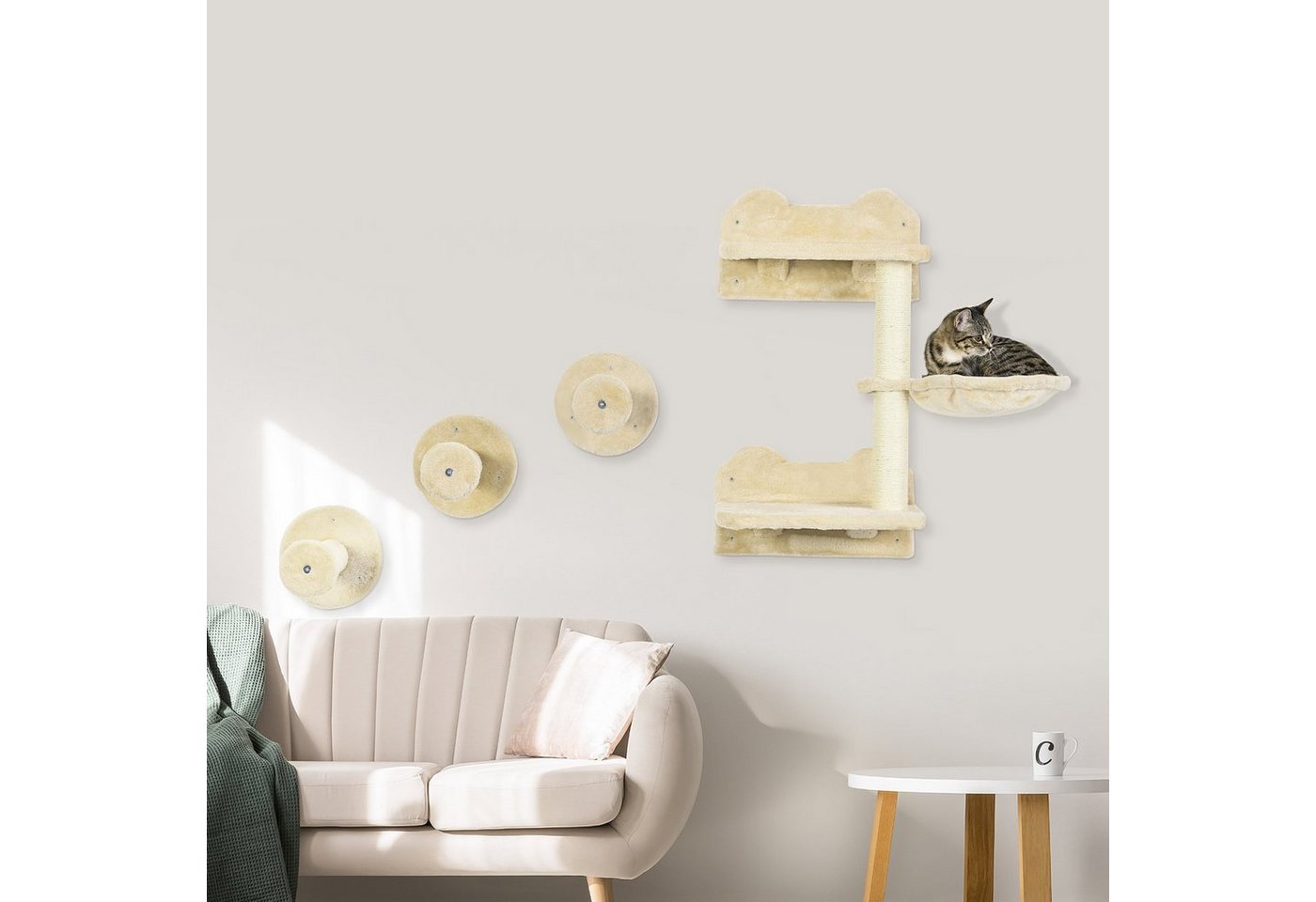 Thumbnail - PawHut Katzen-Kletterwand Katzen Kletterwand, 4-teilig, Katzentreppe, mit Hängematte, Sisal, Beige+Cremeweiß,40 x 28 x 7...