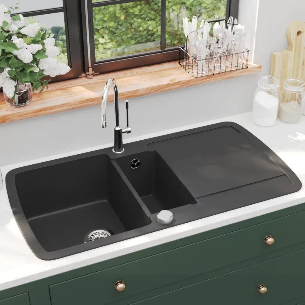 Küchenspüle vidaXL Granit Spülbecken Doppelbecken Schwarz