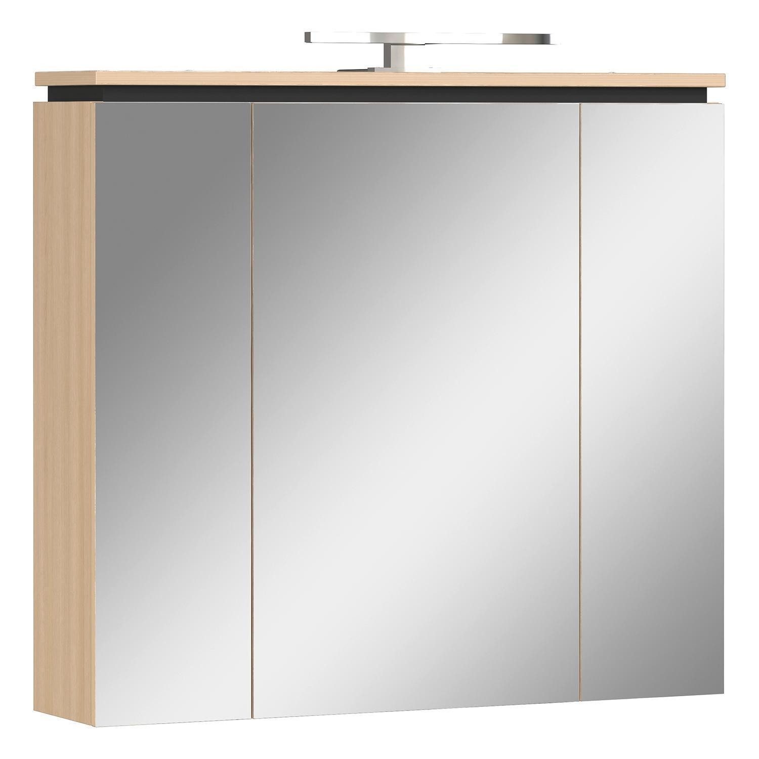 GERMANIA Spiegelschrank MODESTO, 3-türig, Lindberg-Eiche-Dekor, mit Spiegel, LED-Beleuchtung, B 76 x H 74 x T 23 cm