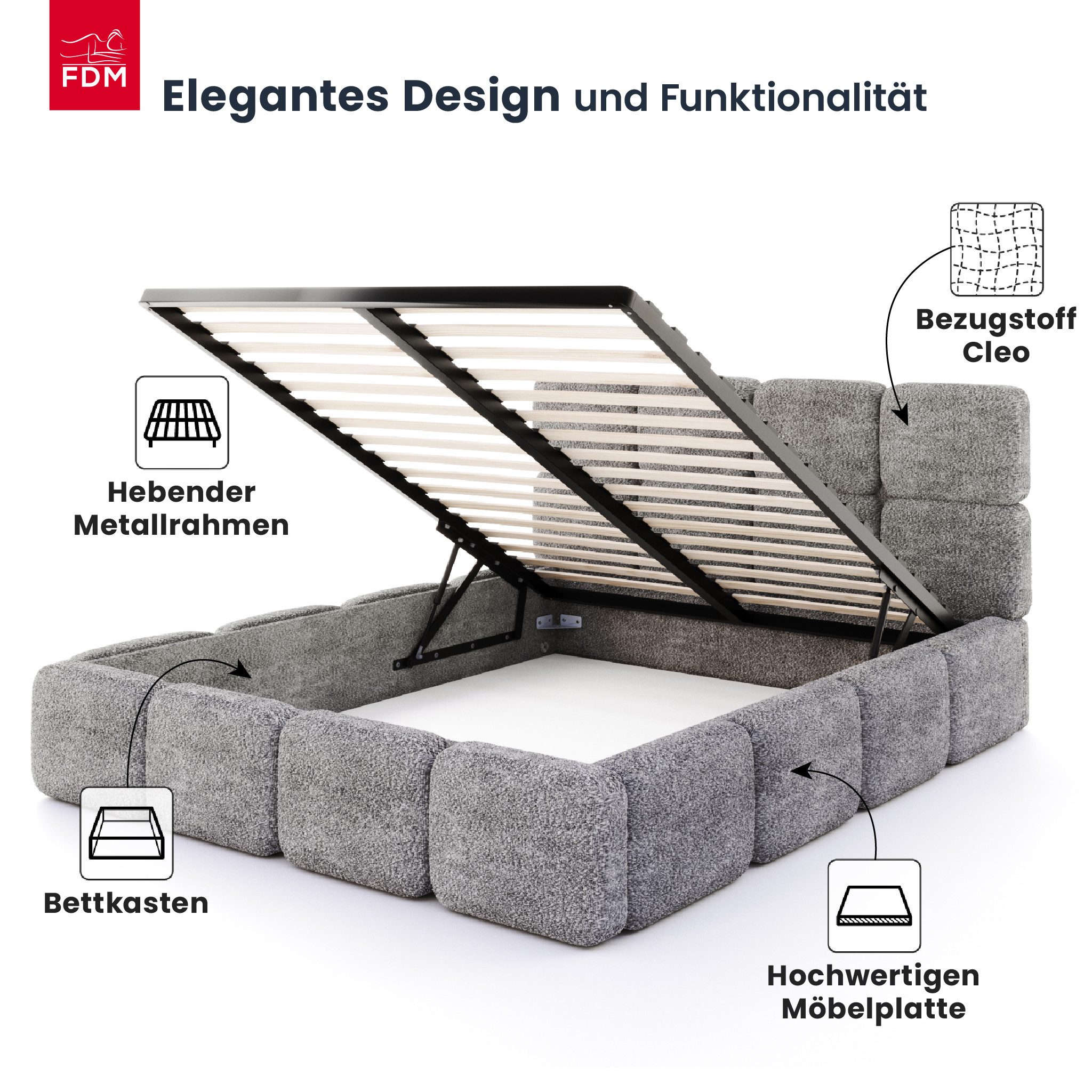 FDM Polsterbett CLOUDY Bettgestell Bett 140x200, 160x200, 180x200 cm Bestseller (verfügbar 140x200 160x200 180x200cm, Bettrahmen, Bett, mit großen gepolsterten Kopfteil, mit Bettkasten zum aufklappen), Hebbarer Metallrahmen, Bettkasten, ohne Matratze