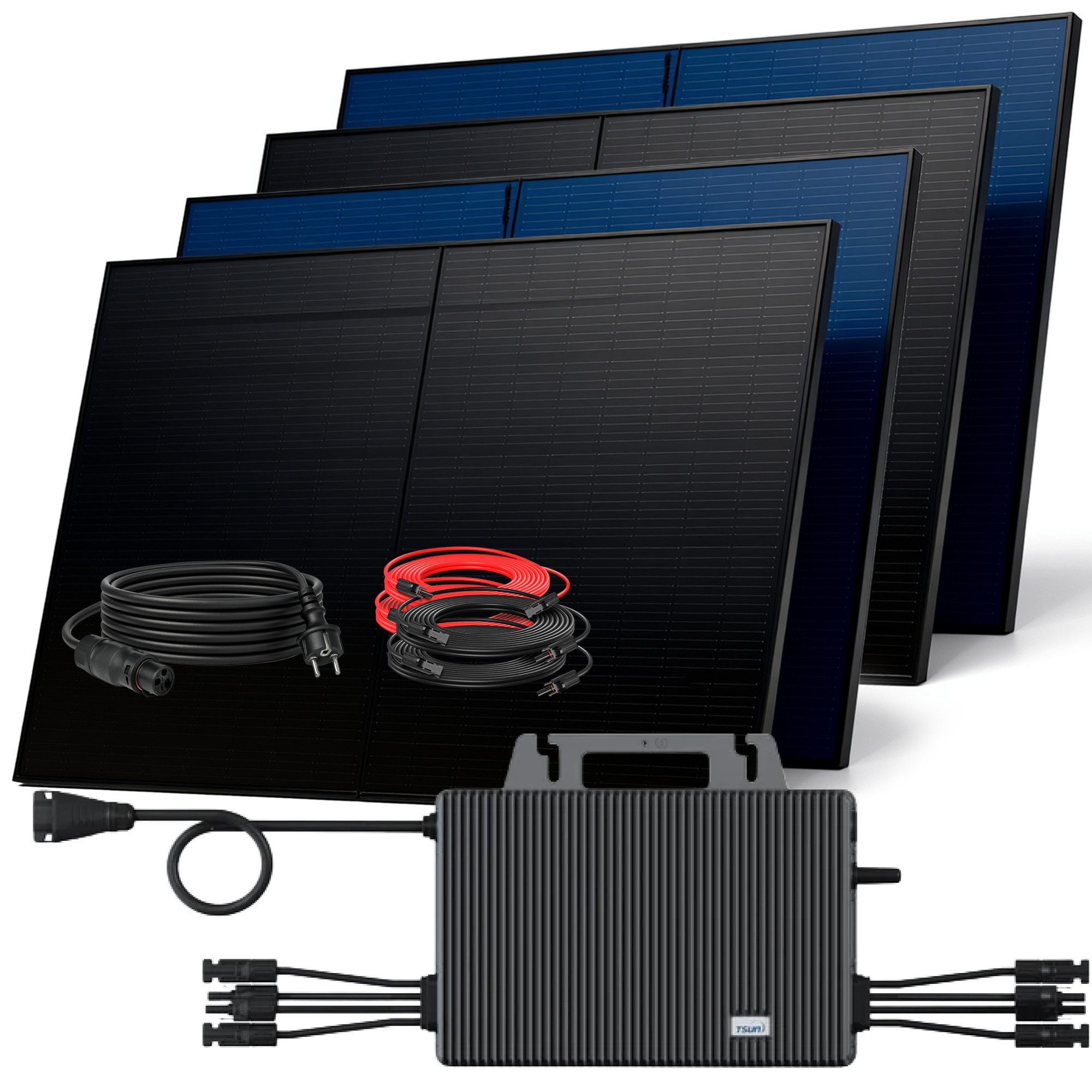 SUNNIVA Balkonkraftwerk 2000W BIFAZIAL FULLBLACK komplett Steckdose, (TSUN 2000 Watt Wechselrichter, Solaranlage Komplettset, 4x 500W N-Type Glas Bifacial Solarmodule, 5m Kabel, 4x 2.5m Solarkabel)