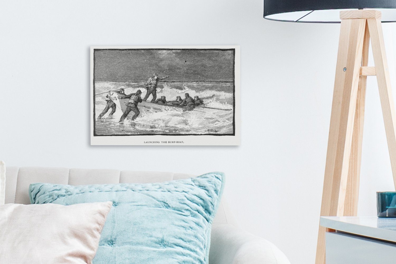 Menschen in Aufhängefertig, Wandbild ein cm Leinwandbilder, (1 Wanddeko, OneMillionCanvasses® und von St), 30x20 Leinwandbild Boot, Schwarz-Weiß-Illustration um