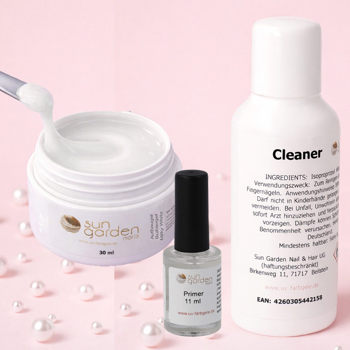 Sun Garden Nails UV-Gel Nailset mit Aufbaugel Milky White 30ml-Primer-Cleaner 100ml, 3-tlg., Milchig weisses Gel deckt perfekt alle Unebenheiten ab