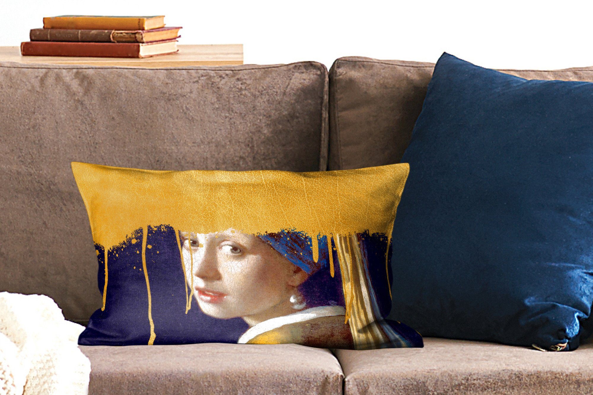 Wohzimmer MuchoWow - Mädchen Vermeer, einem Dekoration, Dekokissen - Schlafzimmer Gold Dekokissen Perlenohrring Zierkissen, Füllung, mit mit