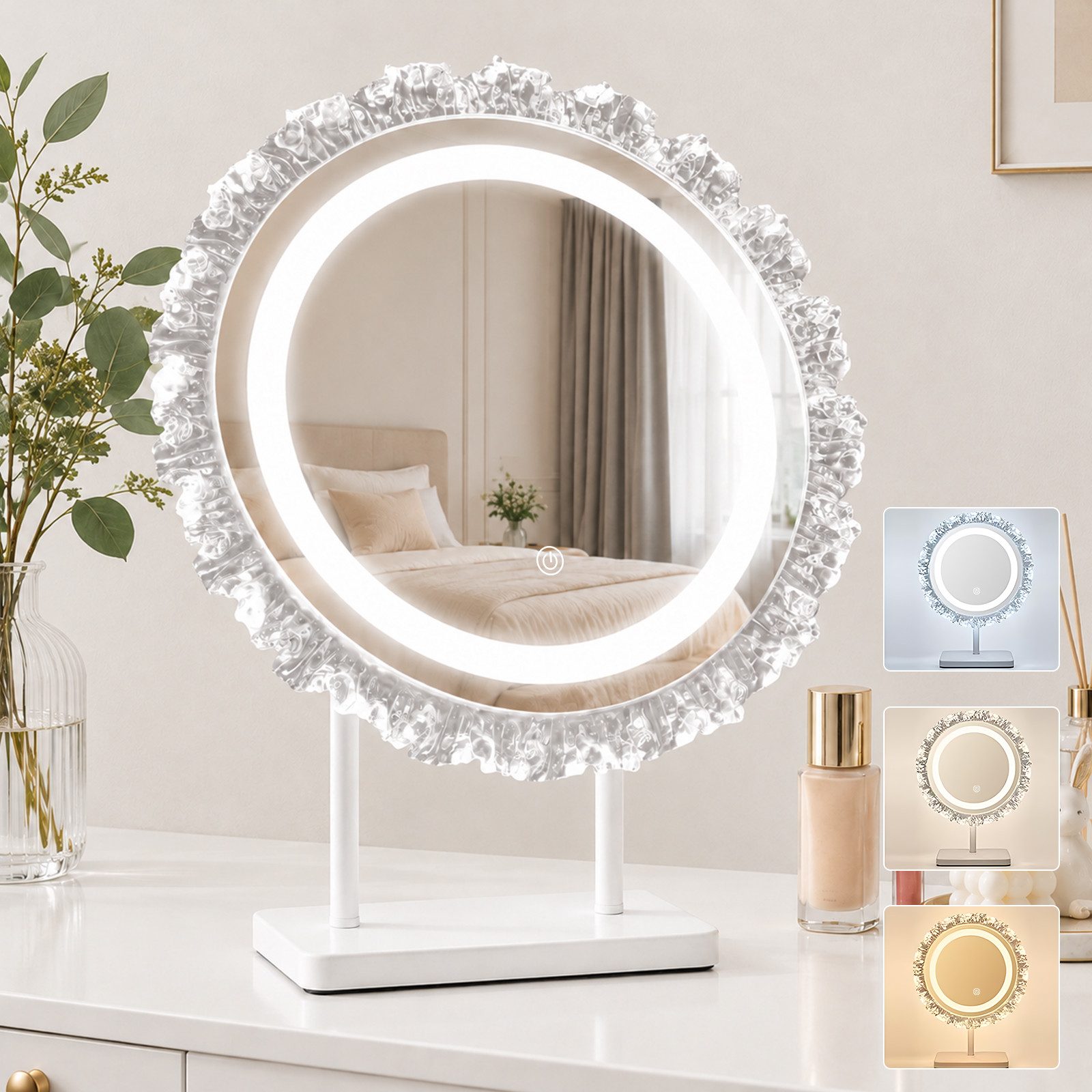 Ledklang Schminkspiegel LED Rund 30/40cm,Hollywood Kosmetikspiegel 3-Farben,Touch & Dimmbar (1-St), Verstellbarer USB Beleuchteter Spiegel für Schminktisch