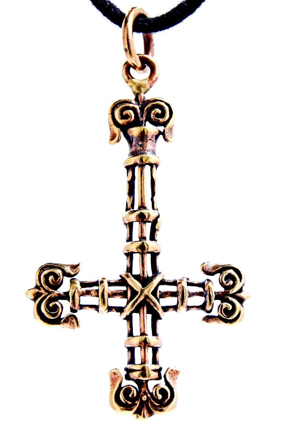 Kiss of Leather Kettenanhänger umgedrehtes Kreuz Bronze Anhänger Satan Satanist Satanskreuz Schnörkel