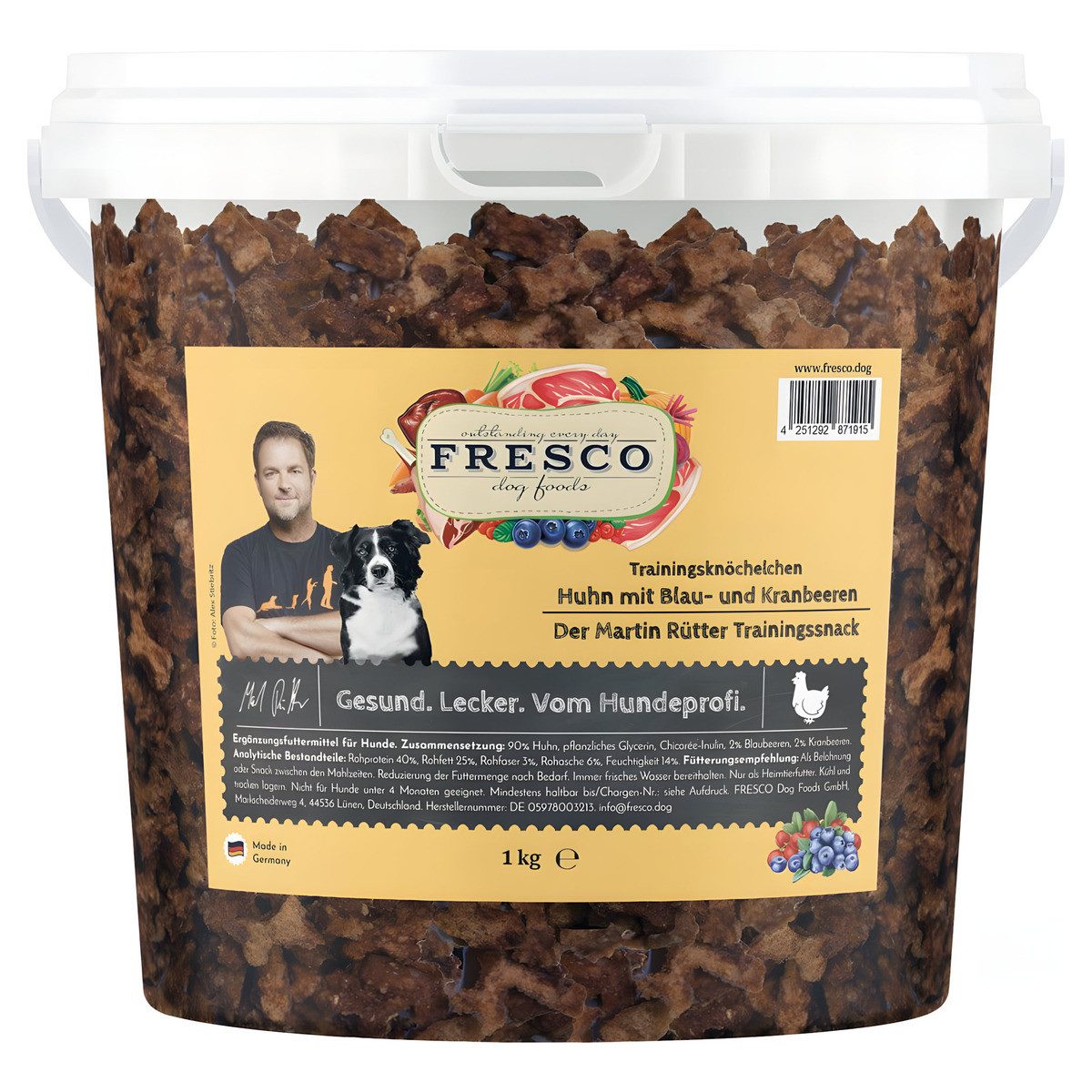 Fresco Martin Rütter Trainingsknöchelchen Huhn mit Blaubeeren und Kranbeere, Trockenfutter für: Hund