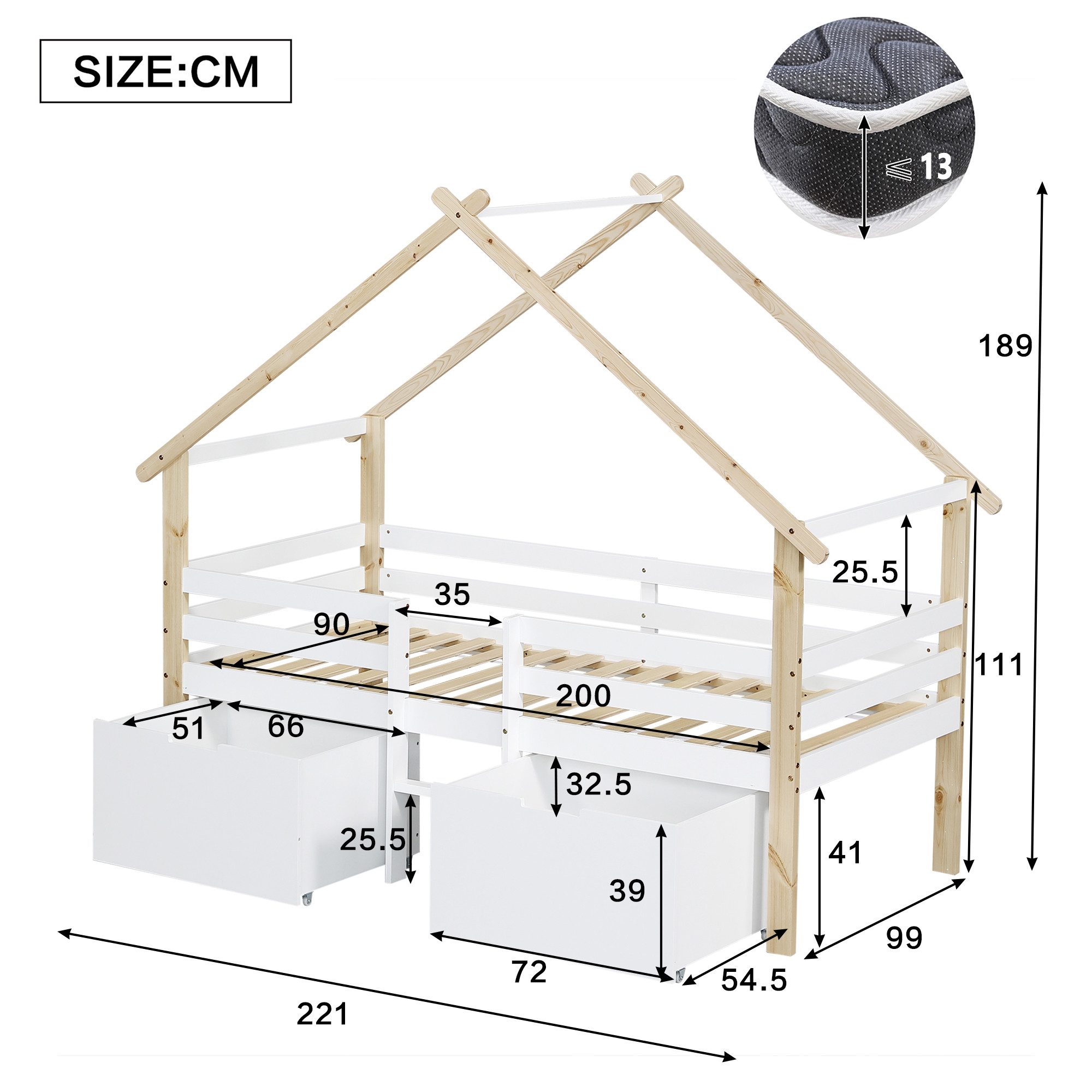 Flieks Kinderbett, Hausbett Halbhohes Bett 90x200cm mit Dach, Leiter und 2 Schubladen. Reduzierter Preis € 279,99. Unverbindliche Preisempfehlung € 589,99